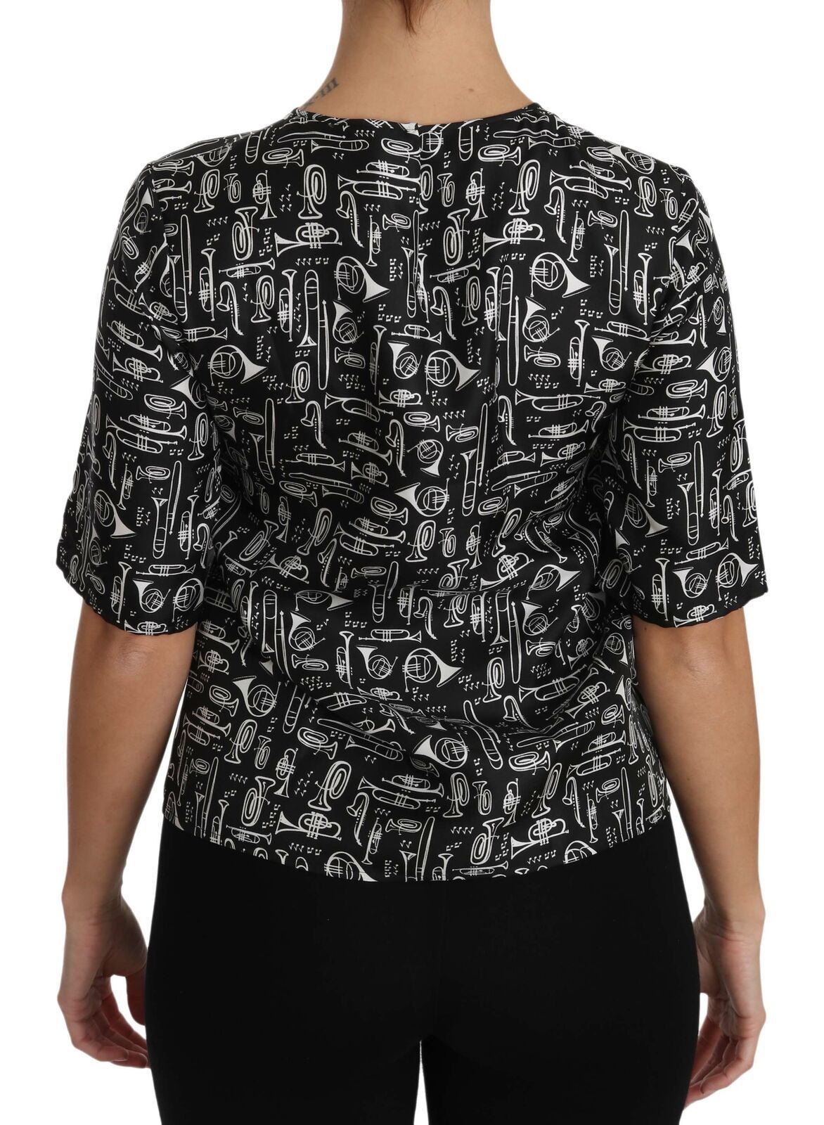 Копринена блуза с принт на черни музикални инструменти Dolce &amp; Gabbana