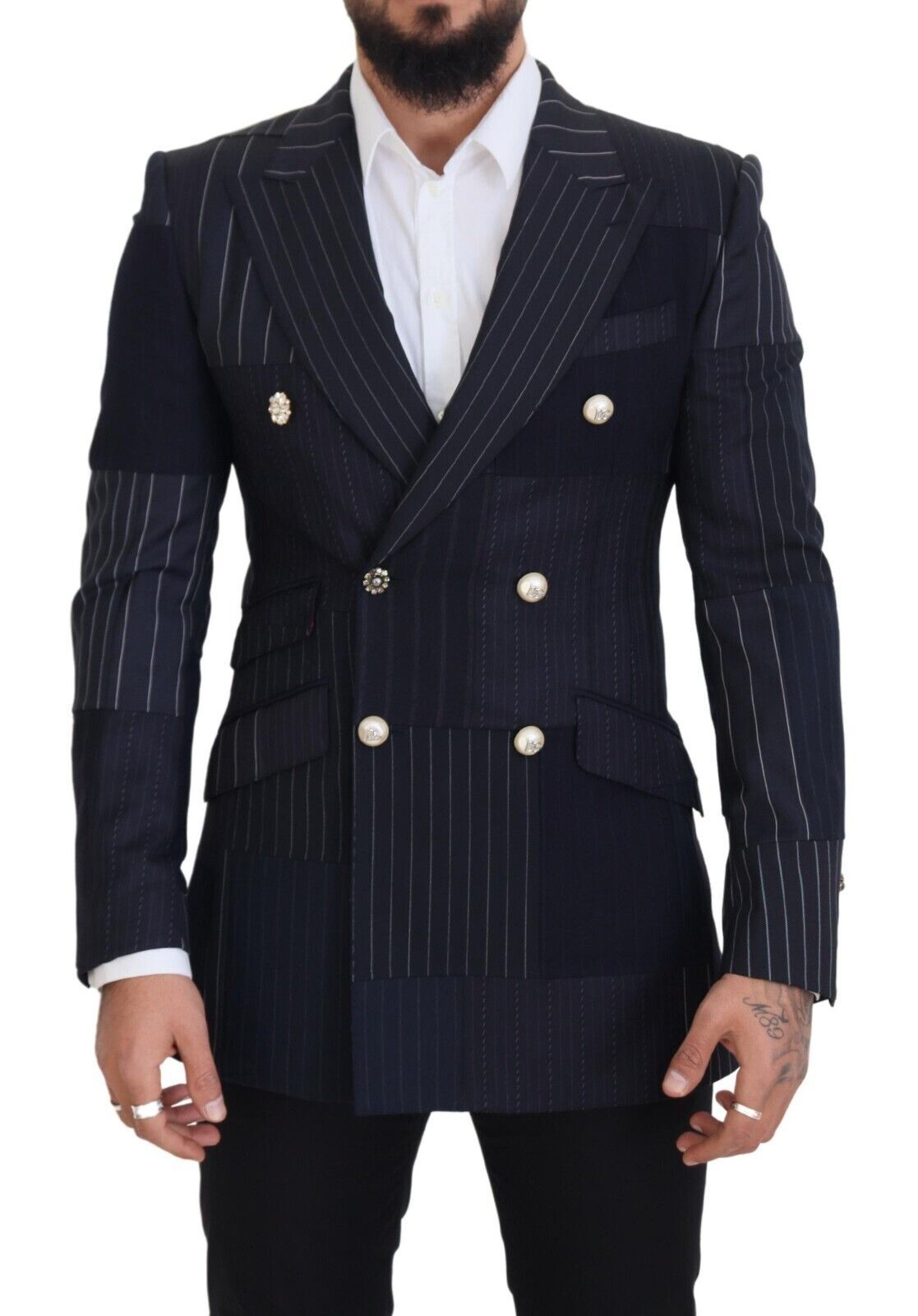 Двуредно сако от син вълнен пачуърк Dolce &amp; Gabbana