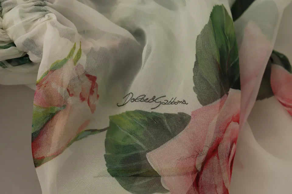 Dolce & Gabbana Elegant White Silk Maxi Dress with Pink Roses