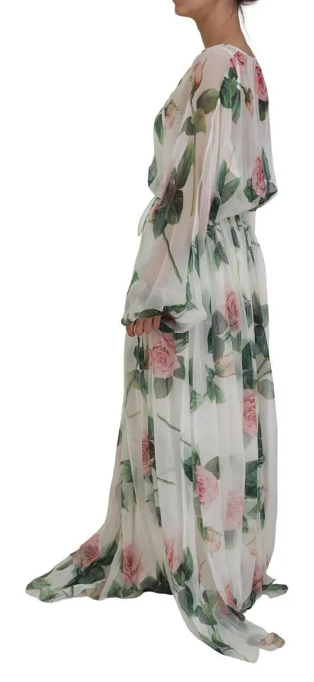 Dolce & Gabbana Elegant White Silk Maxi Dress with Pink Roses