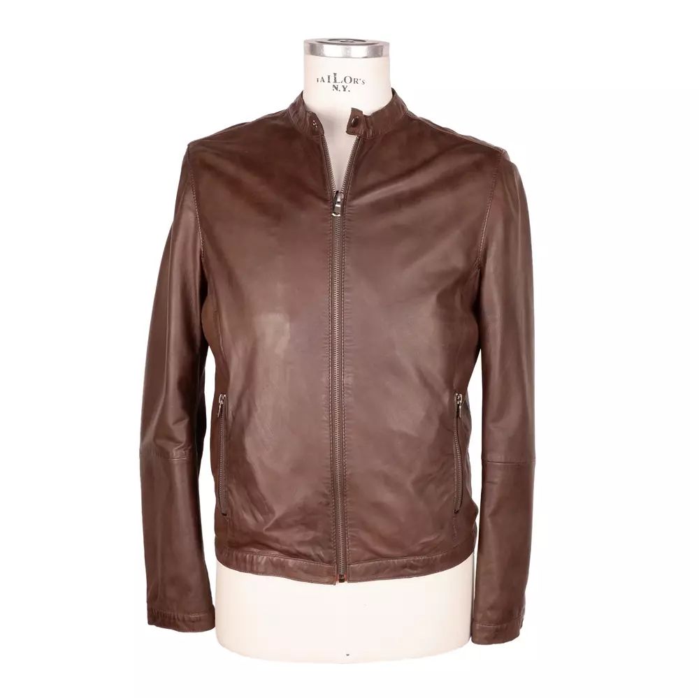 Emilio Romanelli Elegant Brown Leather Jacket with Snap Collar