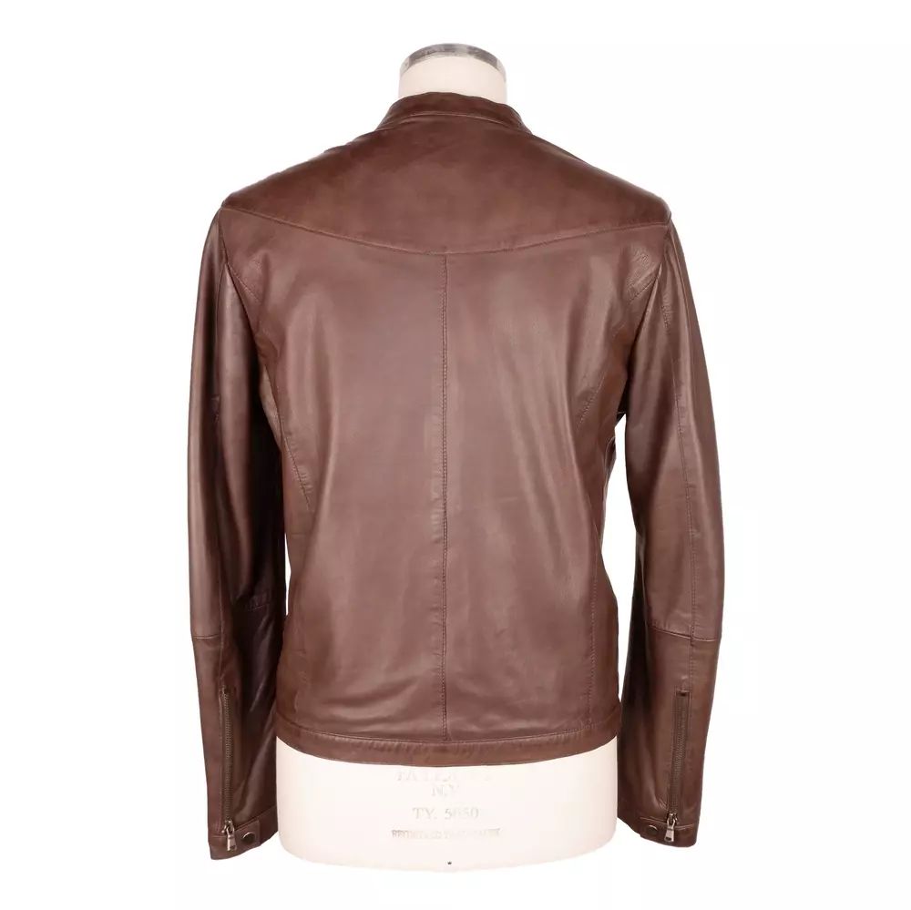 Emilio Romanelli Elegant Brown Leather Jacket with Snap Collar