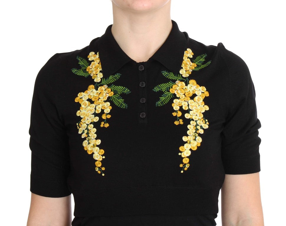 Dolce &amp; Gabbana Черно копринено поло с бродирани цветя