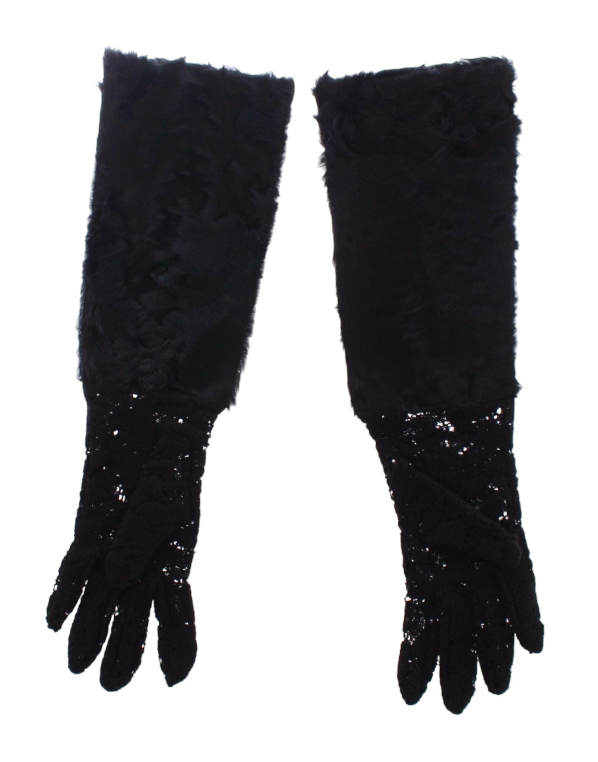 Dolce &amp; Gabbana черни дантелени вълнени ръкавици от агнешка кожа