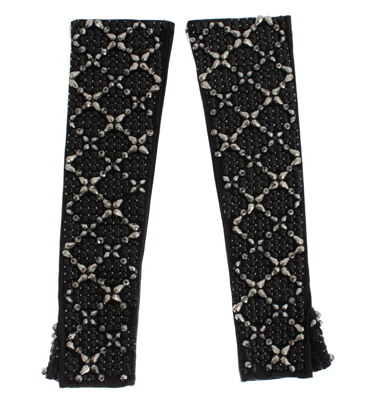 Dolce &amp; Gabbana Черни кожени ръкавици без пръсти с кристални мъниста