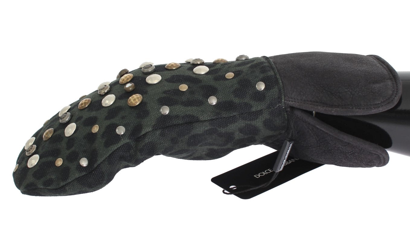 Сиви вълнени зелени леопардови ръкавици с шипове Dolce &amp; Gabbana