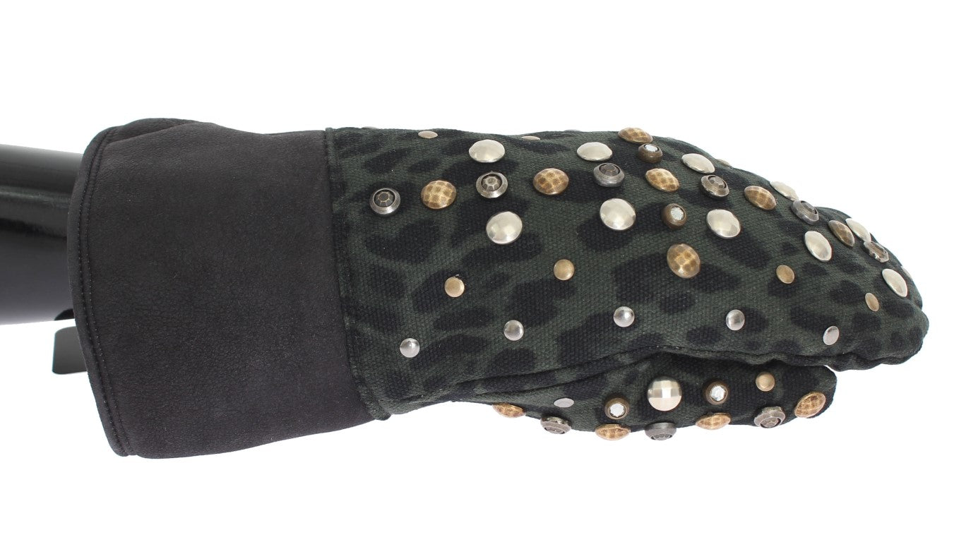 Сиви вълнени зелени леопардови ръкавици с шипове Dolce &amp; Gabbana