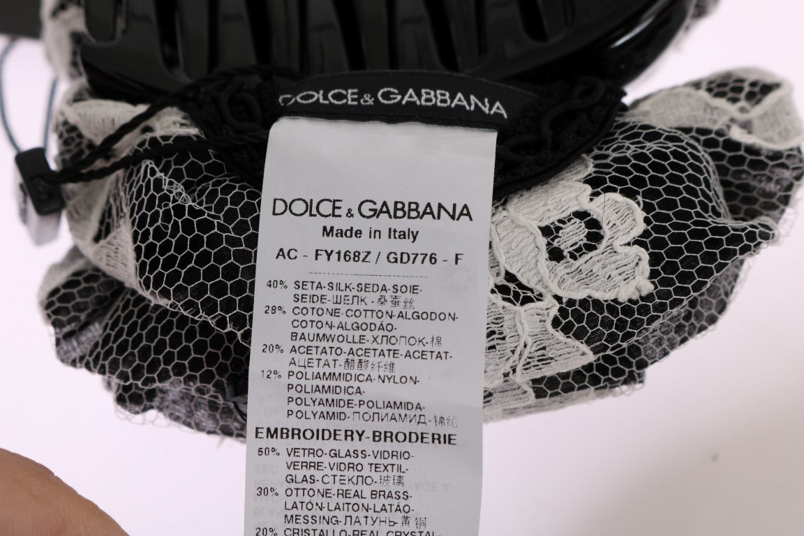 Dolce &amp; Gabbana черно-бяла дантелена флорална нокът за коса с кристали