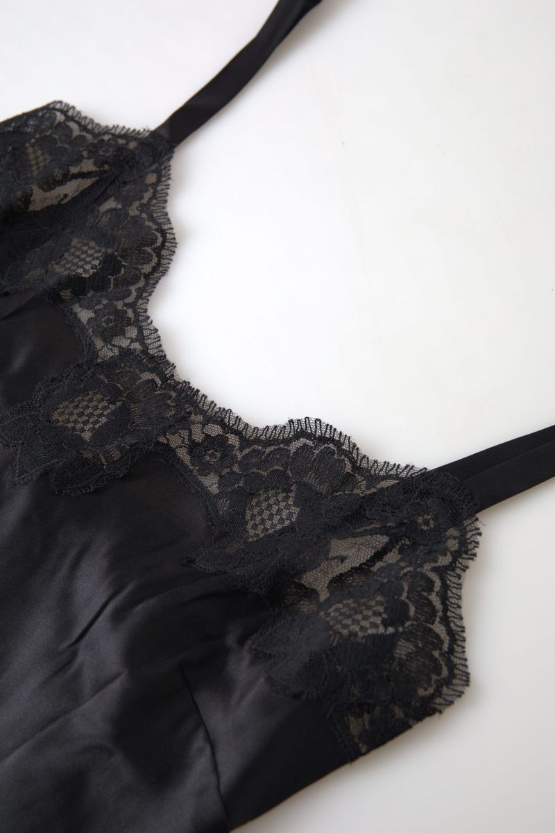Dolce &amp; Gabbana Черно дантелено копринено спално облекло Горнище от камизола
