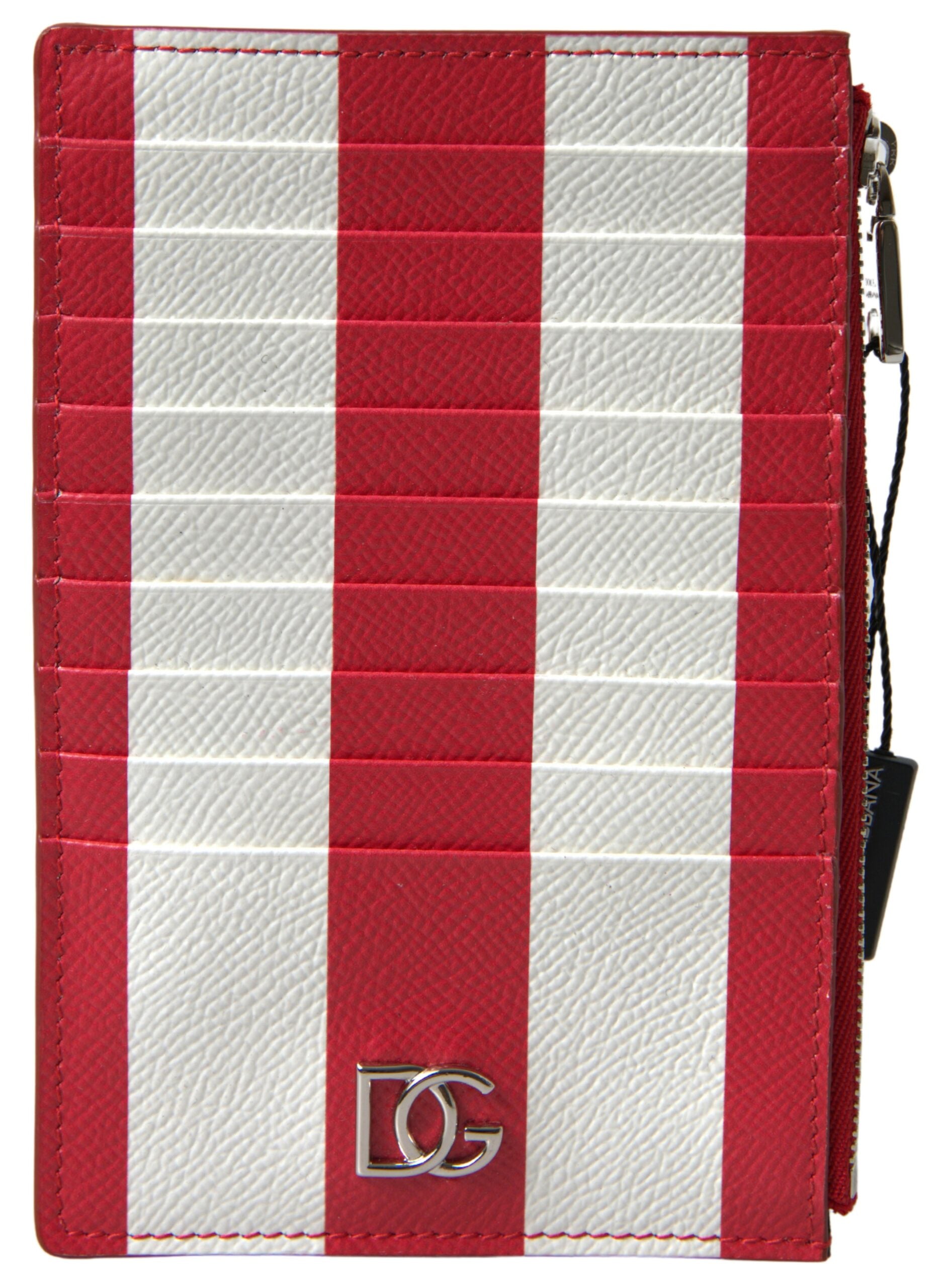 Dolce &amp; Gabbana Red White Leather DG Logo Zip Card Holder Портфейл