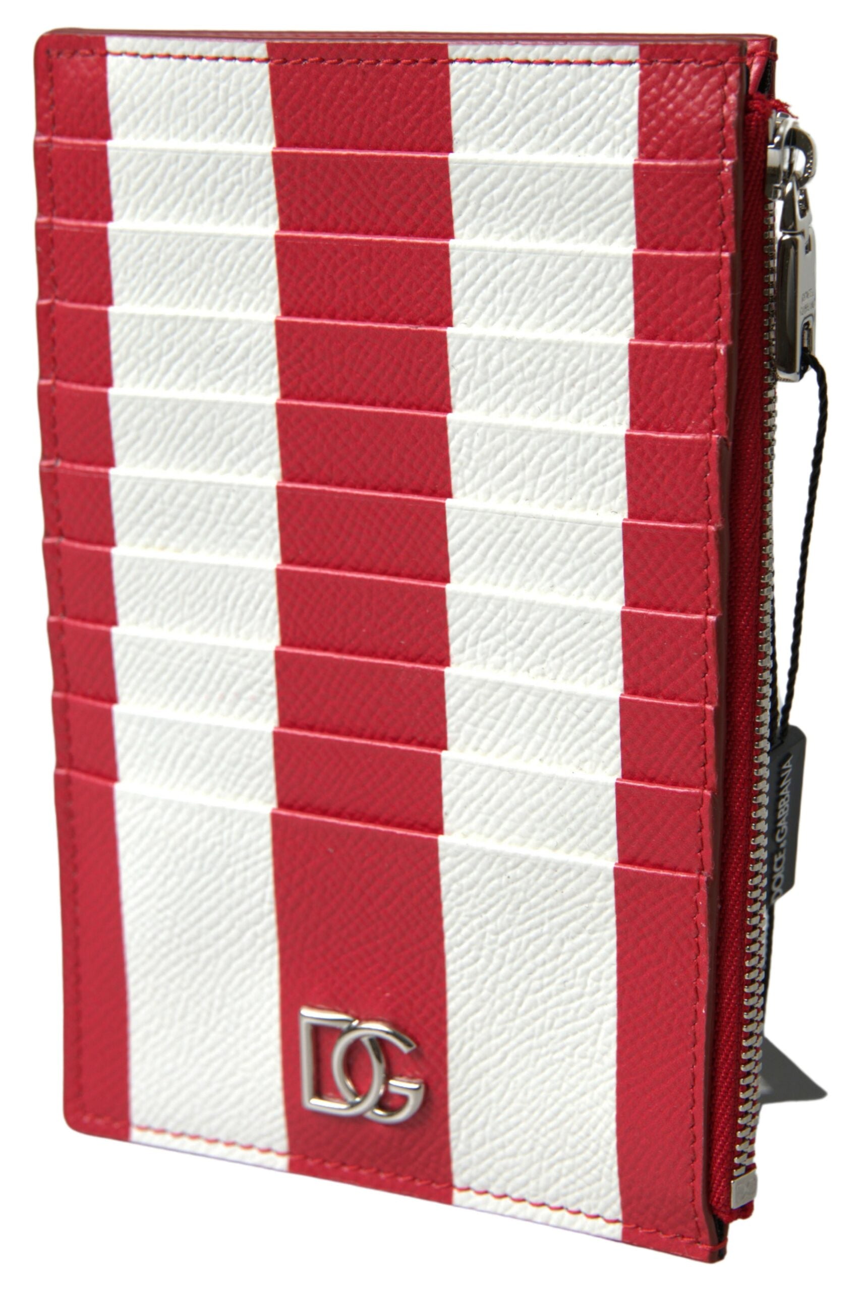 Dolce &amp; Gabbana Red White Leather DG Logo Zip Card Holder Портфейл