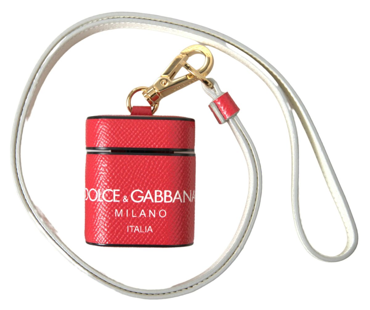 Dolce &amp; Gabbana червена кожена златиста метална щампа с каишка Калъф Airpods
