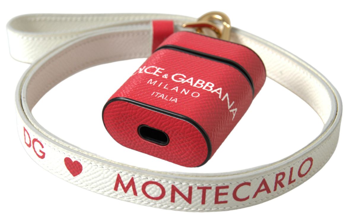 Dolce &amp; Gabbana червена кожена златиста метална щампа с каишка Калъф Airpods