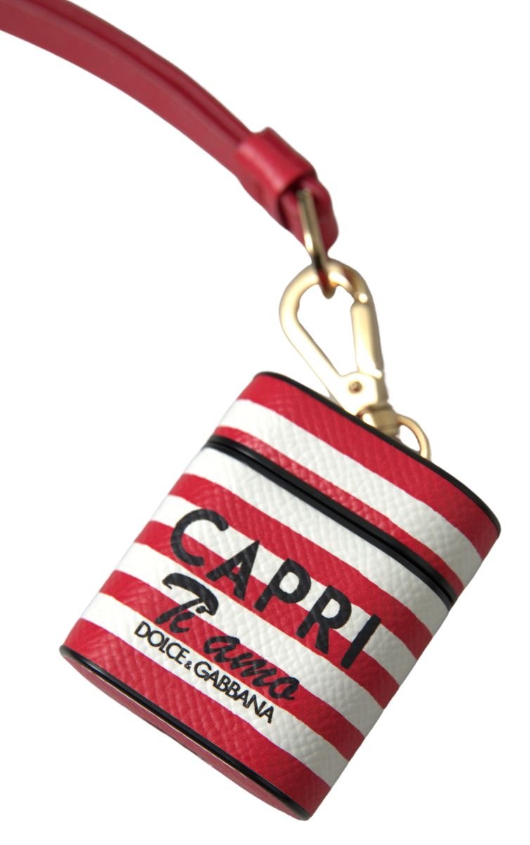 Dolce &amp; Gabbana Red Stripe Dauphine Leather Logo Print Strap Case Airpod
