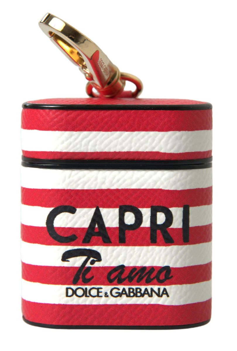 Dolce &amp; Gabbana Red Stripe Dauphine Leather Logo Print Strap Case Airpod