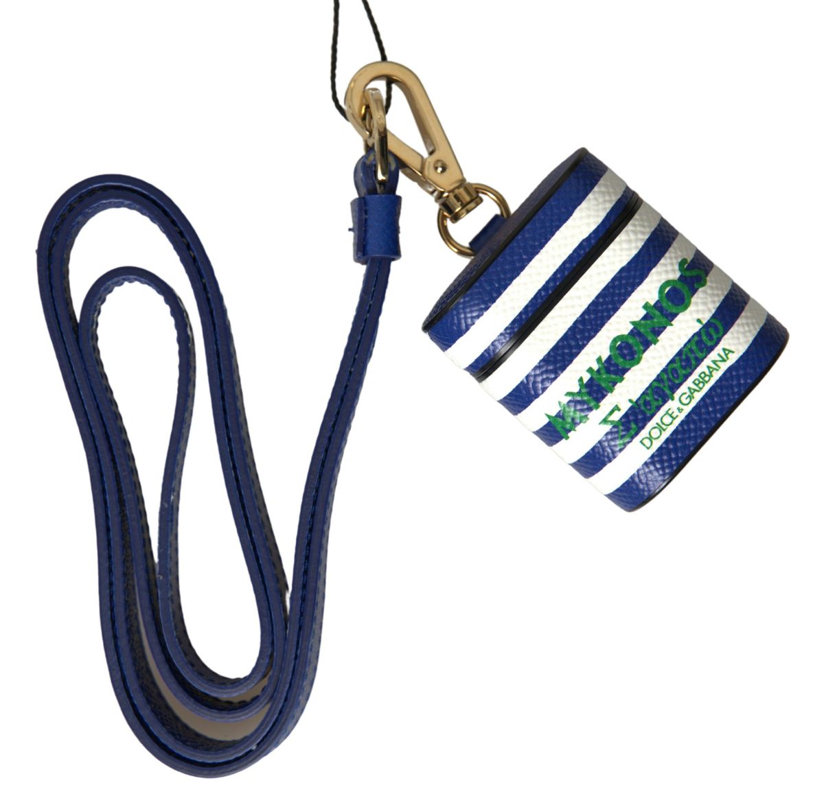 Dolce &amp; Gabbana Blue Stripe Dauphine Leather Logo Print Strap Case Airpod