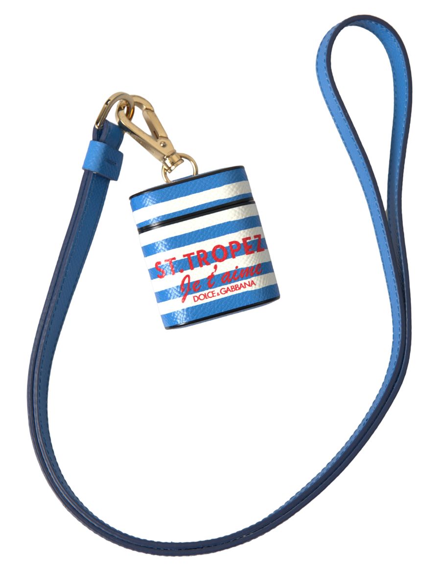 Dolce &amp; Gabbana Blue Stripe Dauphine Leather Logo Print Airpod Case
