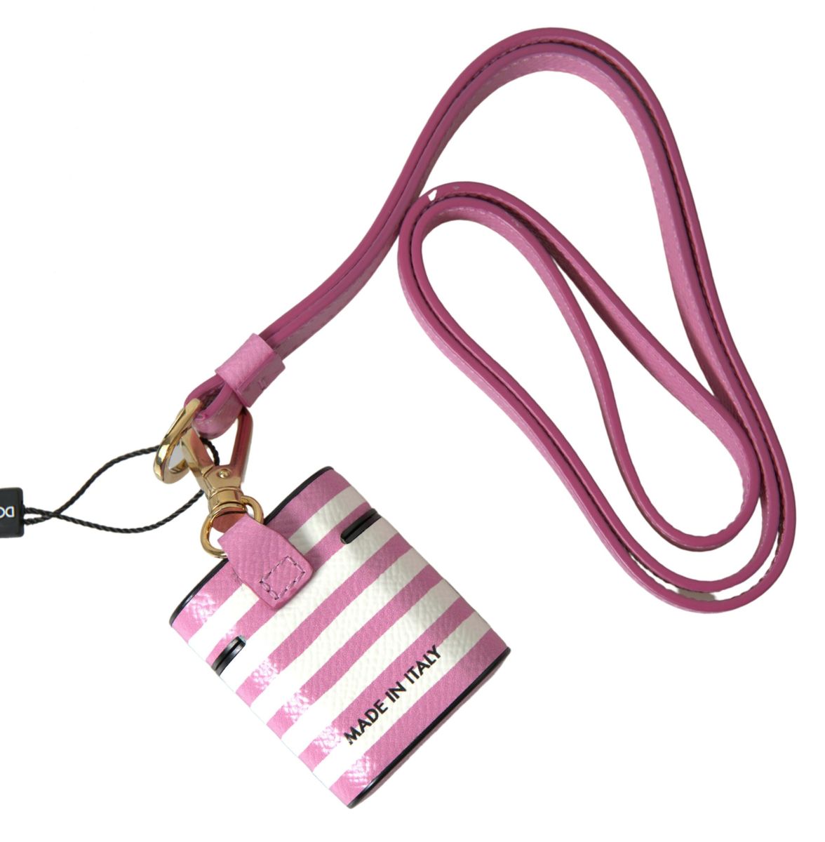 Dolce &amp; Gabbana Pink Stripe Dauphine Leather Logo Print Strap Case Airpod