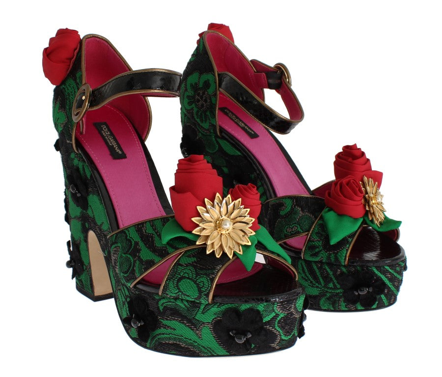 Обувки Dolce &amp; Gabbana със зелен брокат и рози от змийска кожа