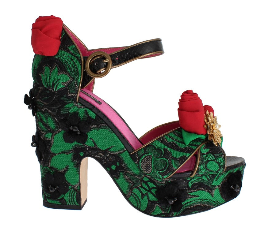 Обувки Dolce &amp; Gabbana със зелен брокат и рози от змийска кожа