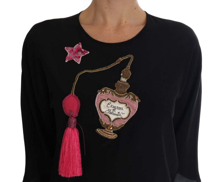 Черна копринена приказна топ кристална блуза Dolce &amp; Gabbana
