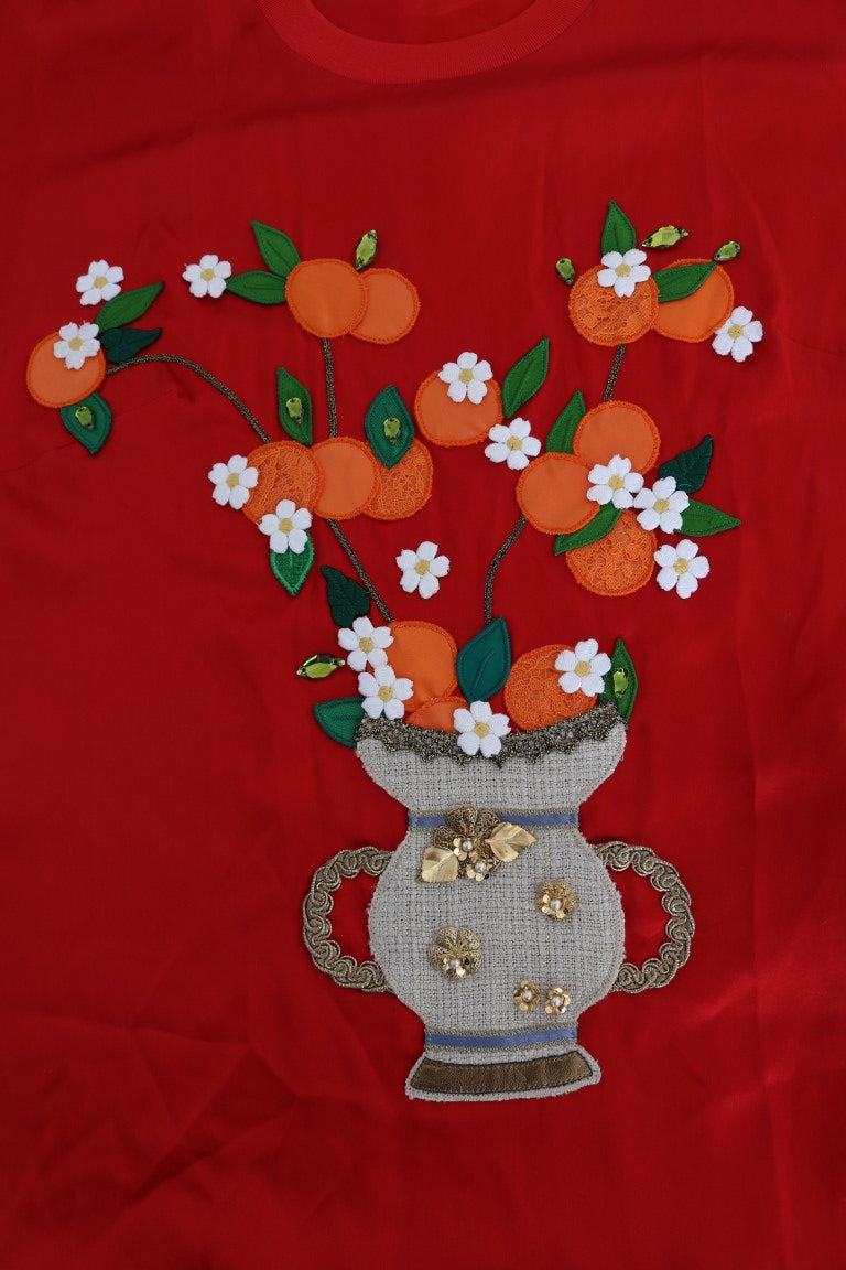 Dolce &amp; Gabbana Red Silk Orange Vase Crystal Top