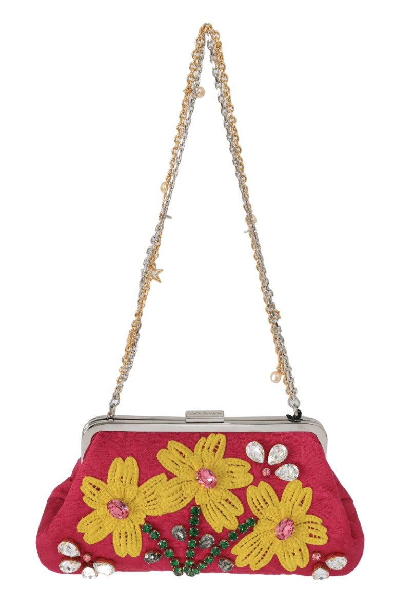 Вечерна чанта Dolce &amp; Gabbana с апликация на розов брокат и флорални кристали
