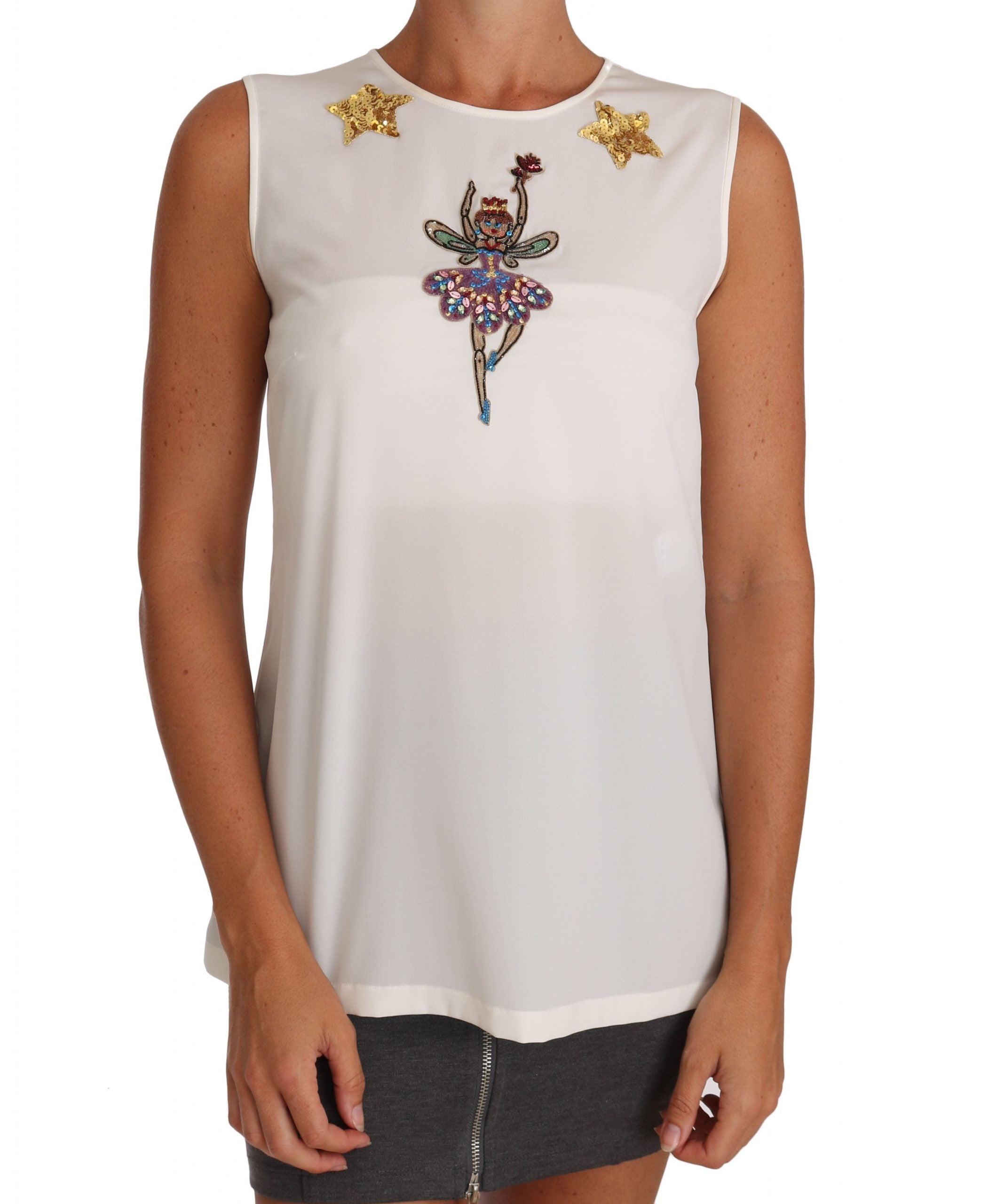 Dolce &amp; Gabbana Бяло копринено украсено с кристални пайети Феерично горнище