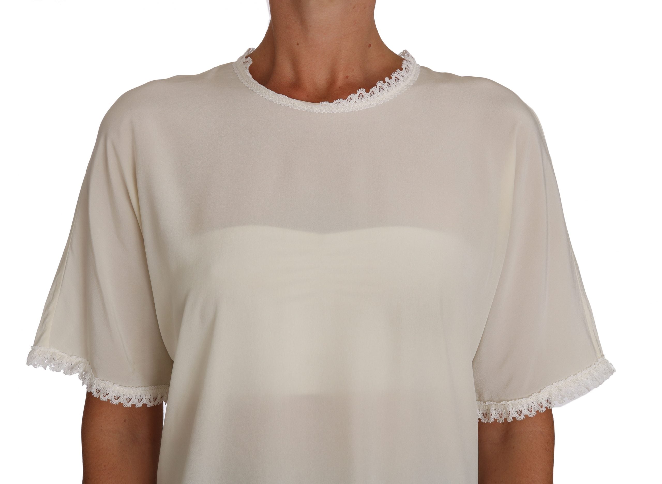 Dolce &amp; Gabbana бяла кремава копринена дантелена блуза тениска