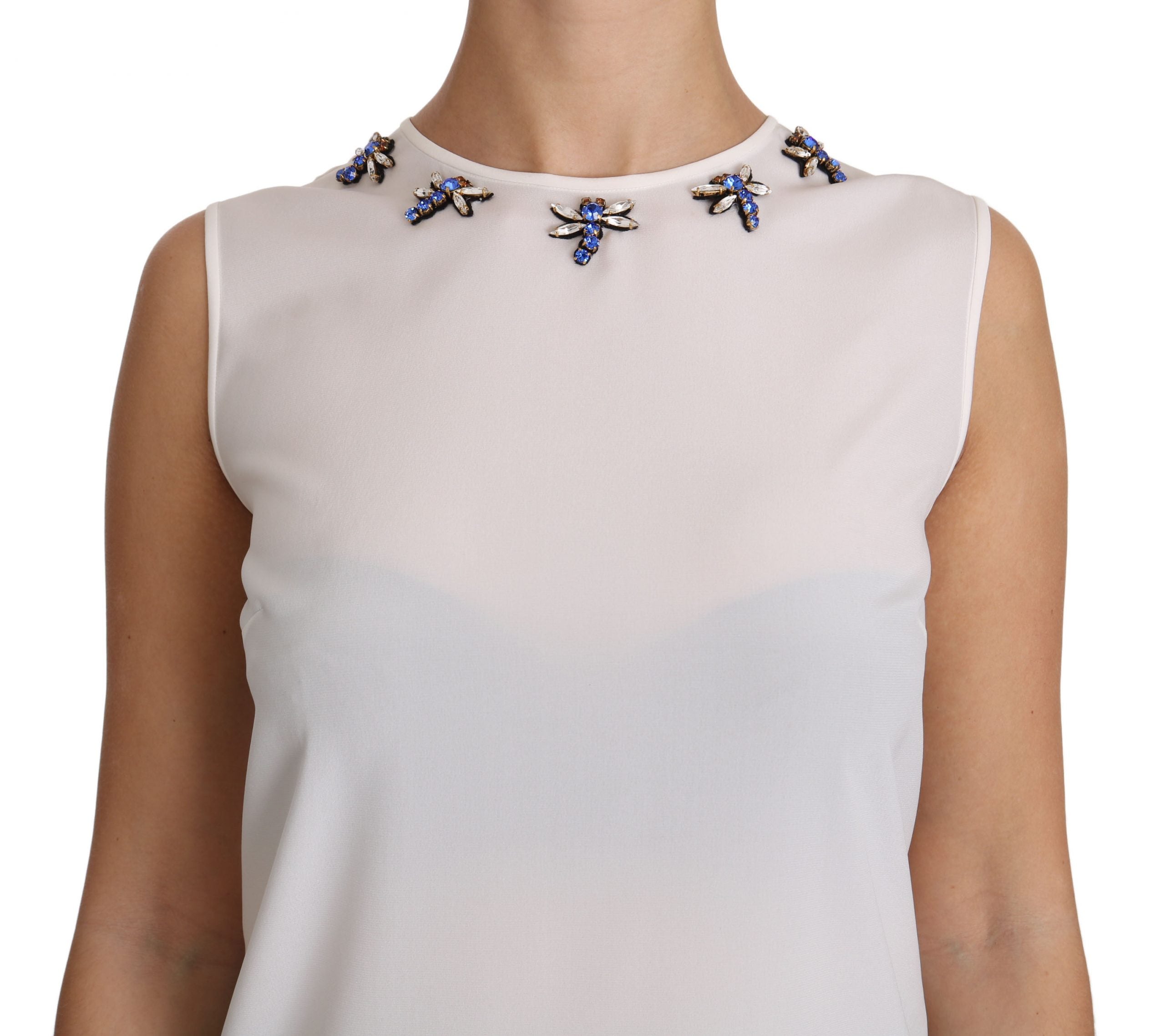 Dolce &amp; Gabbana Бяло копринено горнище с украсени кристални водни кончета