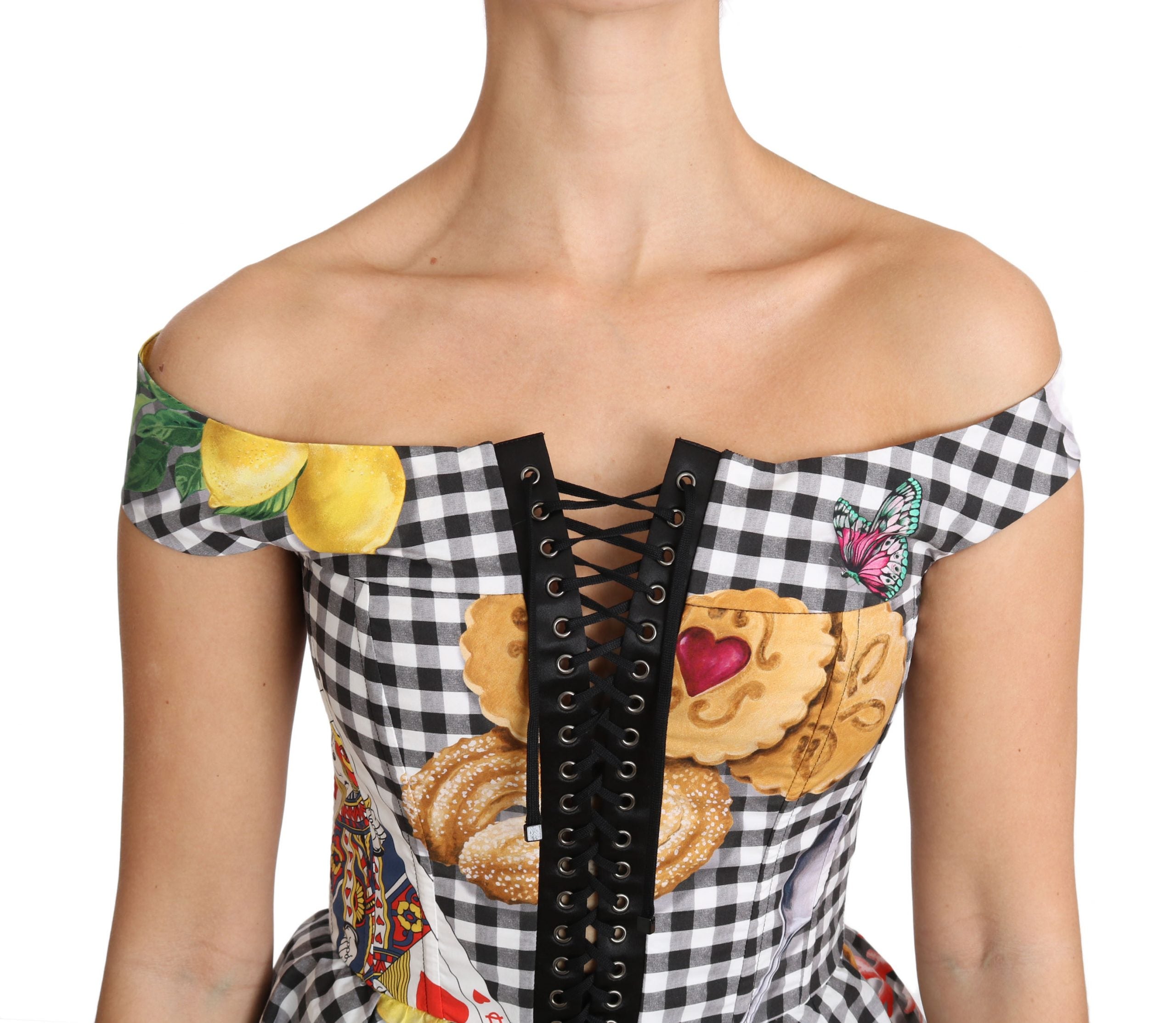 Черна и бяла корсетна блуза Dolce &amp; Gabbana Sicily Lemon Check Top