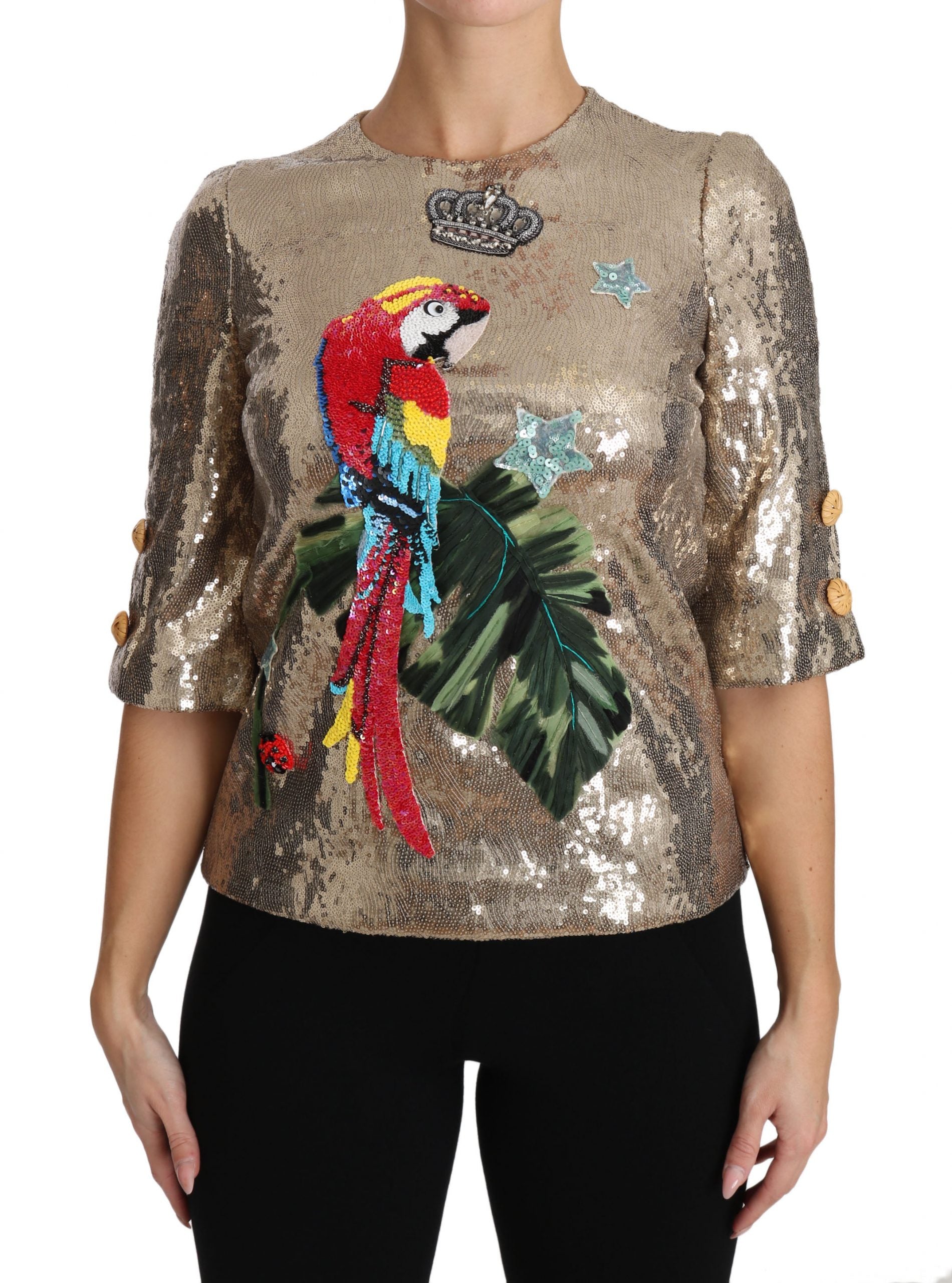 Dolce &amp; Gabbana Златна блуза Parrot Crystal със златни пайети