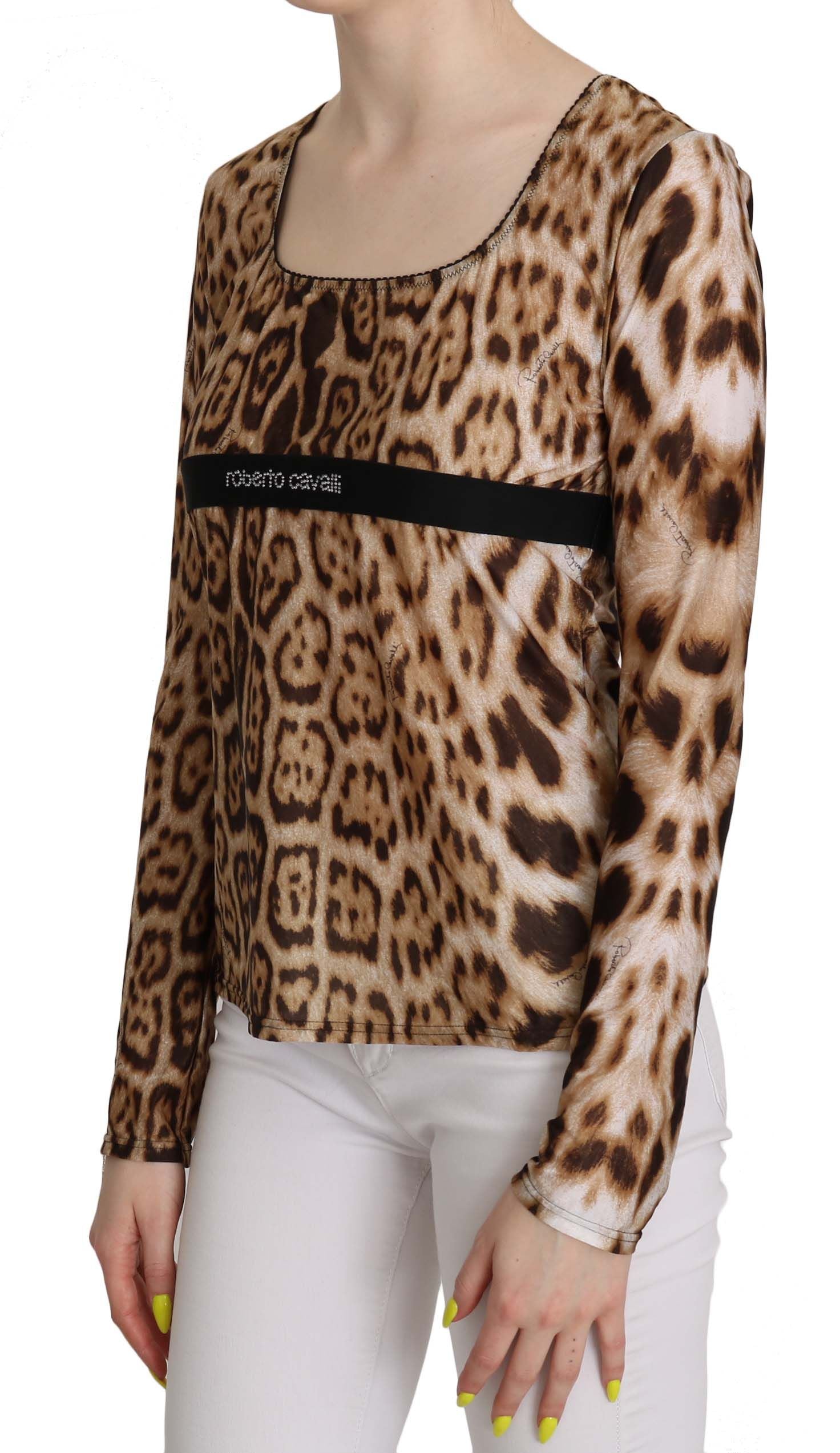 Кафява дамска топ блуза с леопард с кръгло деколте Roberto Cavalli