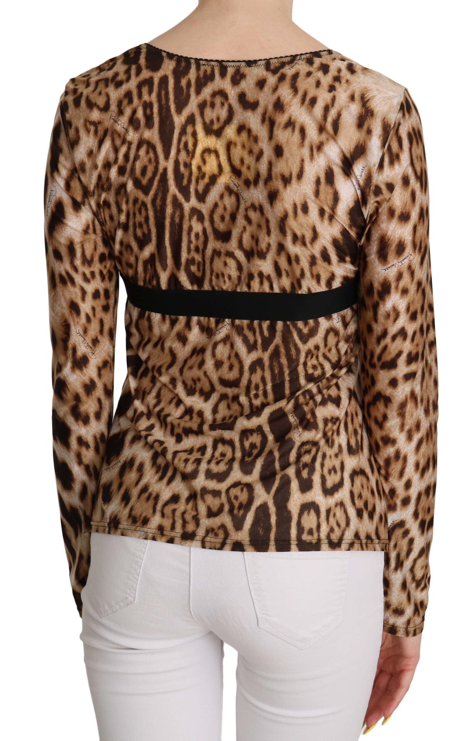 Кафява дамска топ блуза с леопард с кръгло деколте Roberto Cavalli