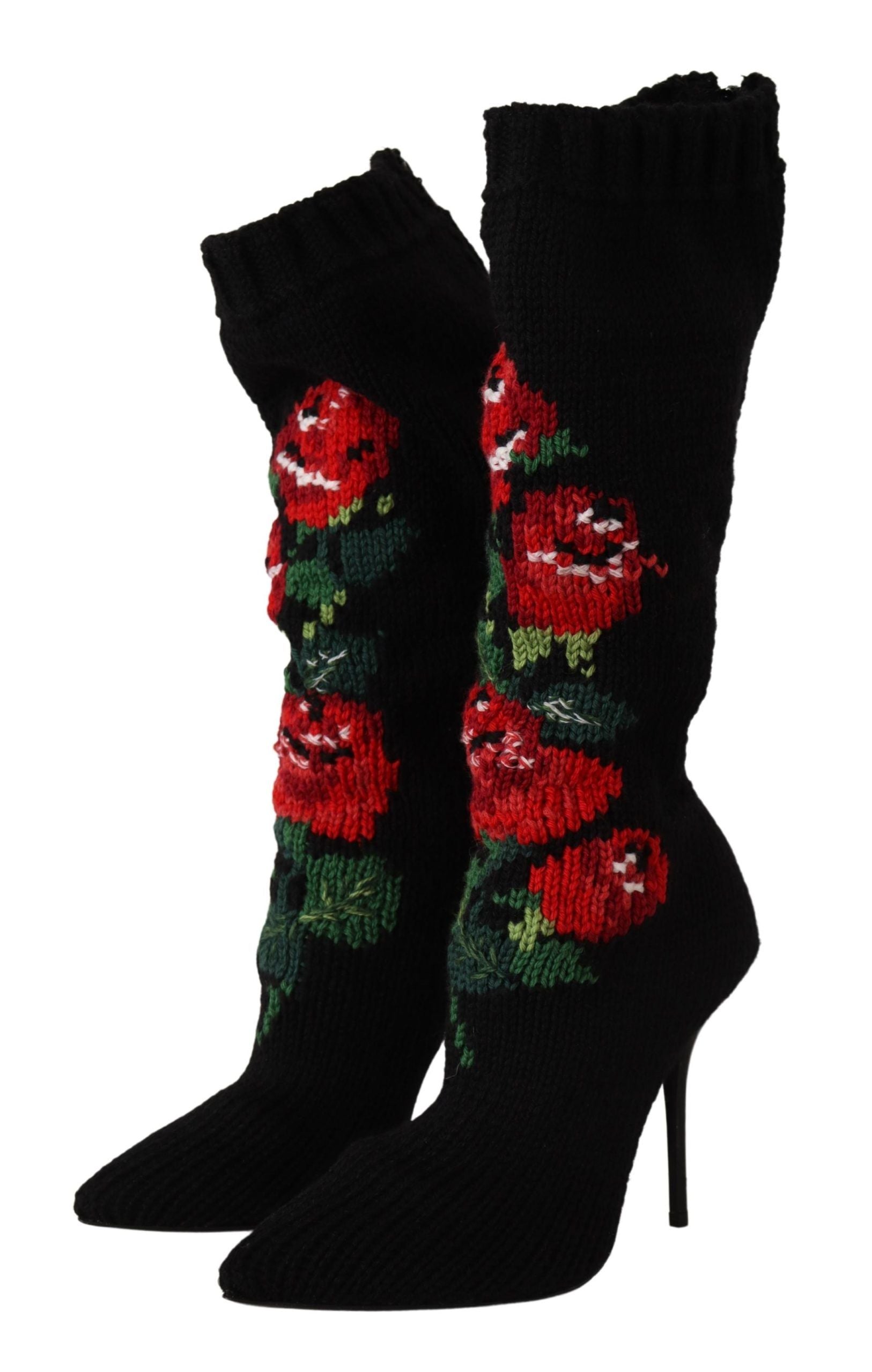 Dolce &amp; Gabbana Черни еластични чорапи Червени рози Ботуши Обувки