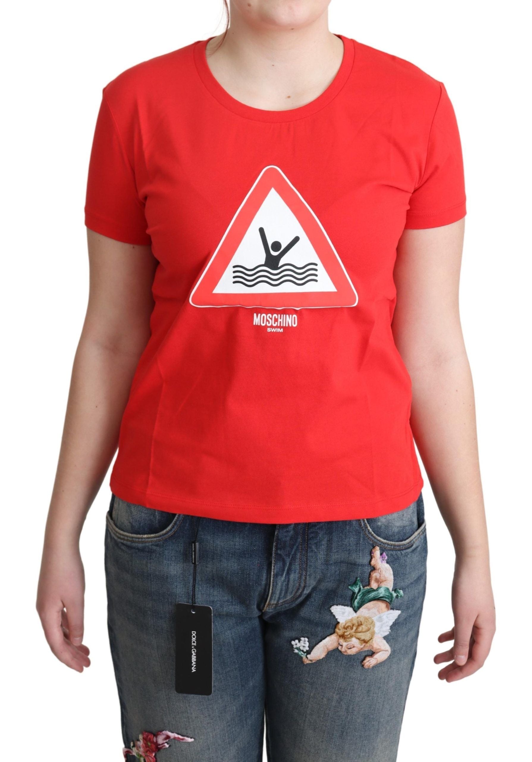 Moschino червена памучна тениска за плуване с графичен триъгълен принт