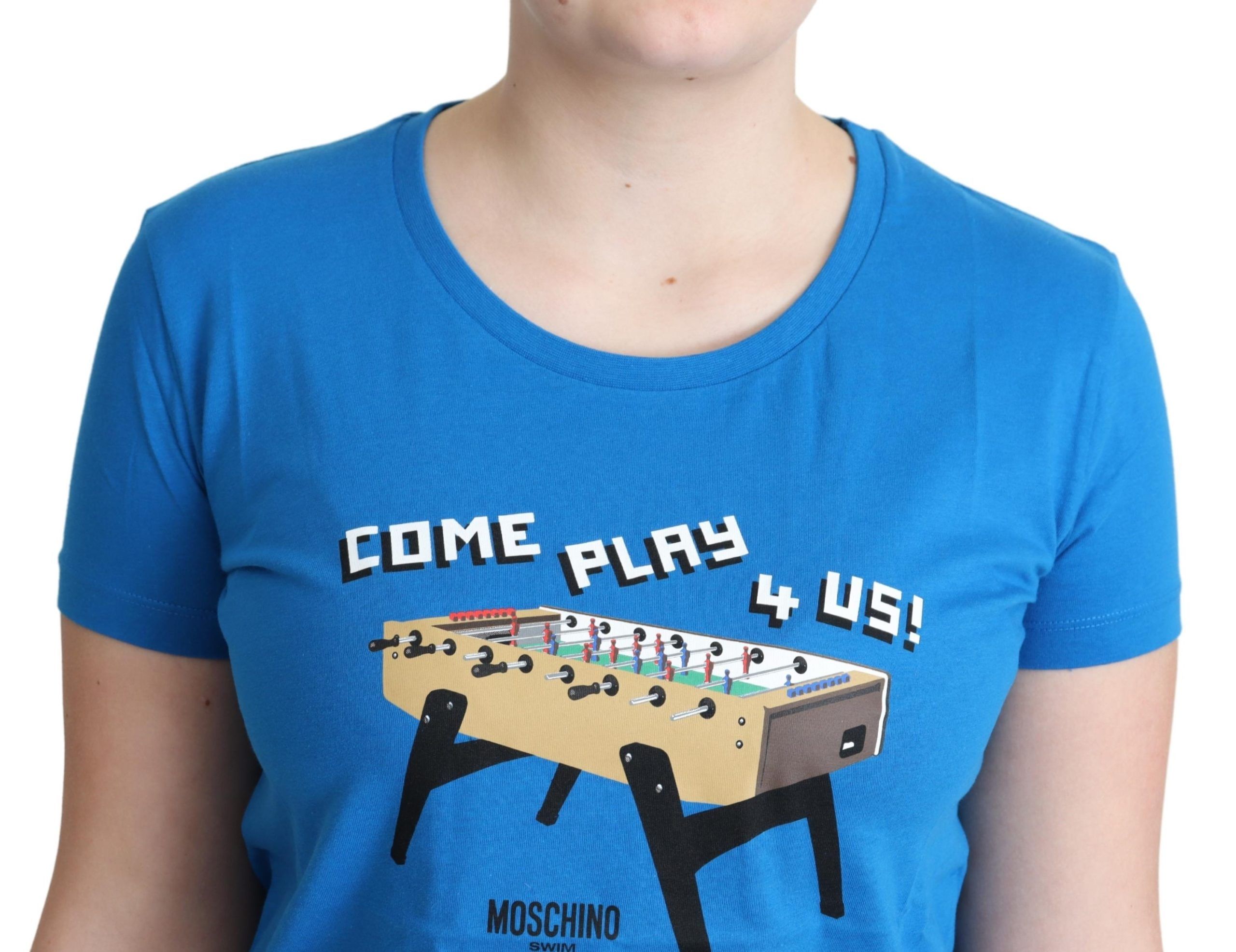Синя памучна тениска с принт Come Play 4 Us на Moschino