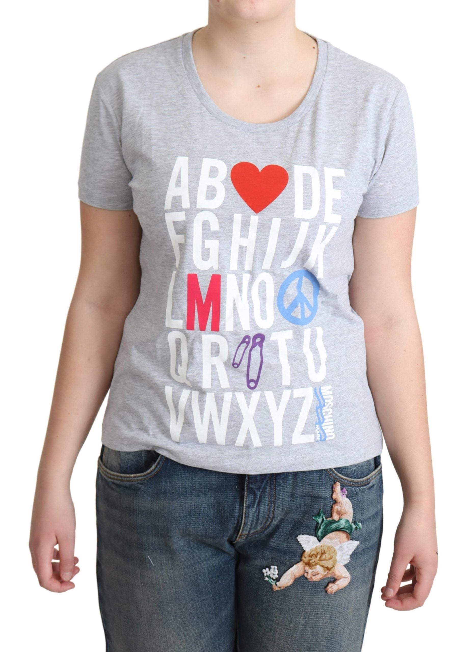 Сива памучна тениска с щампа на азбука и букви Moschino