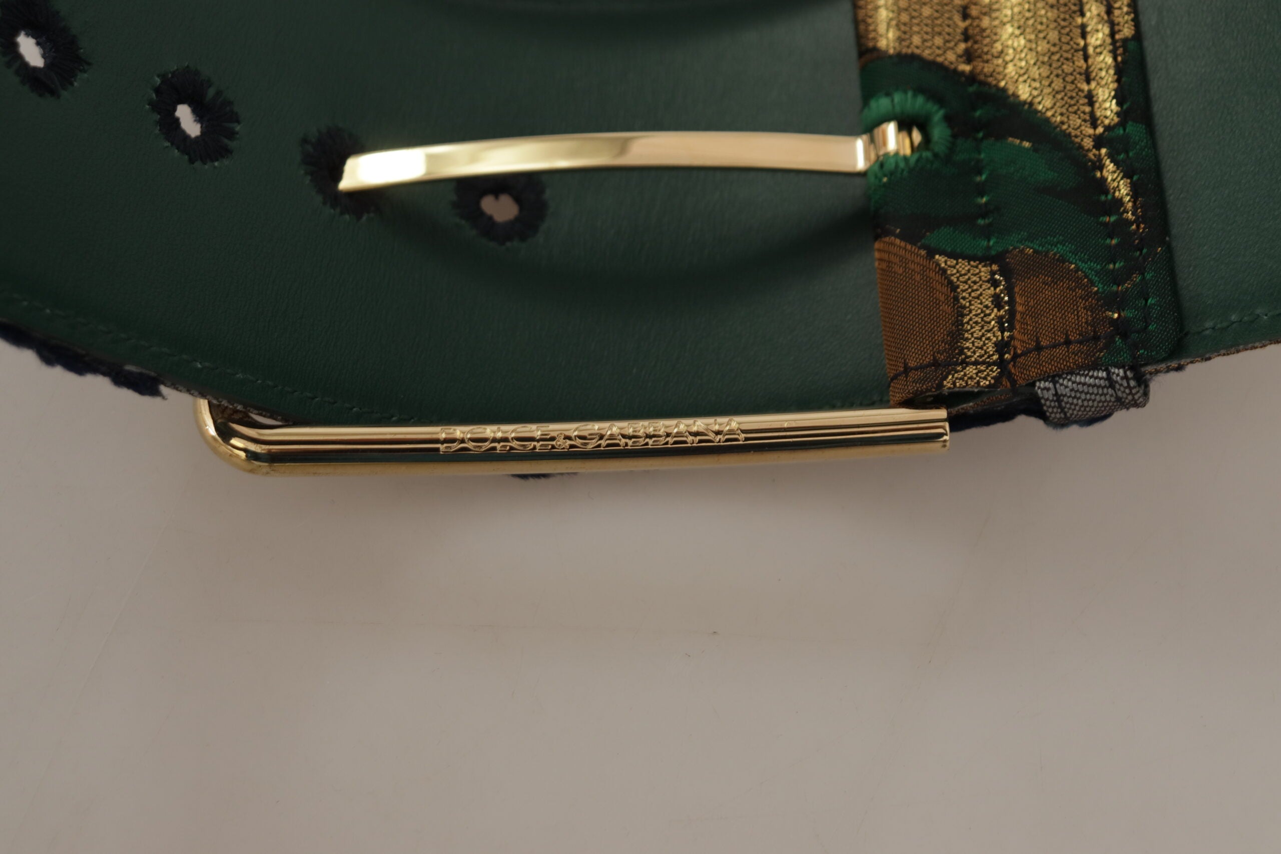 Колан Dolce &amp; Gabbana със зелена жакардова кожа със златиста метална катарама