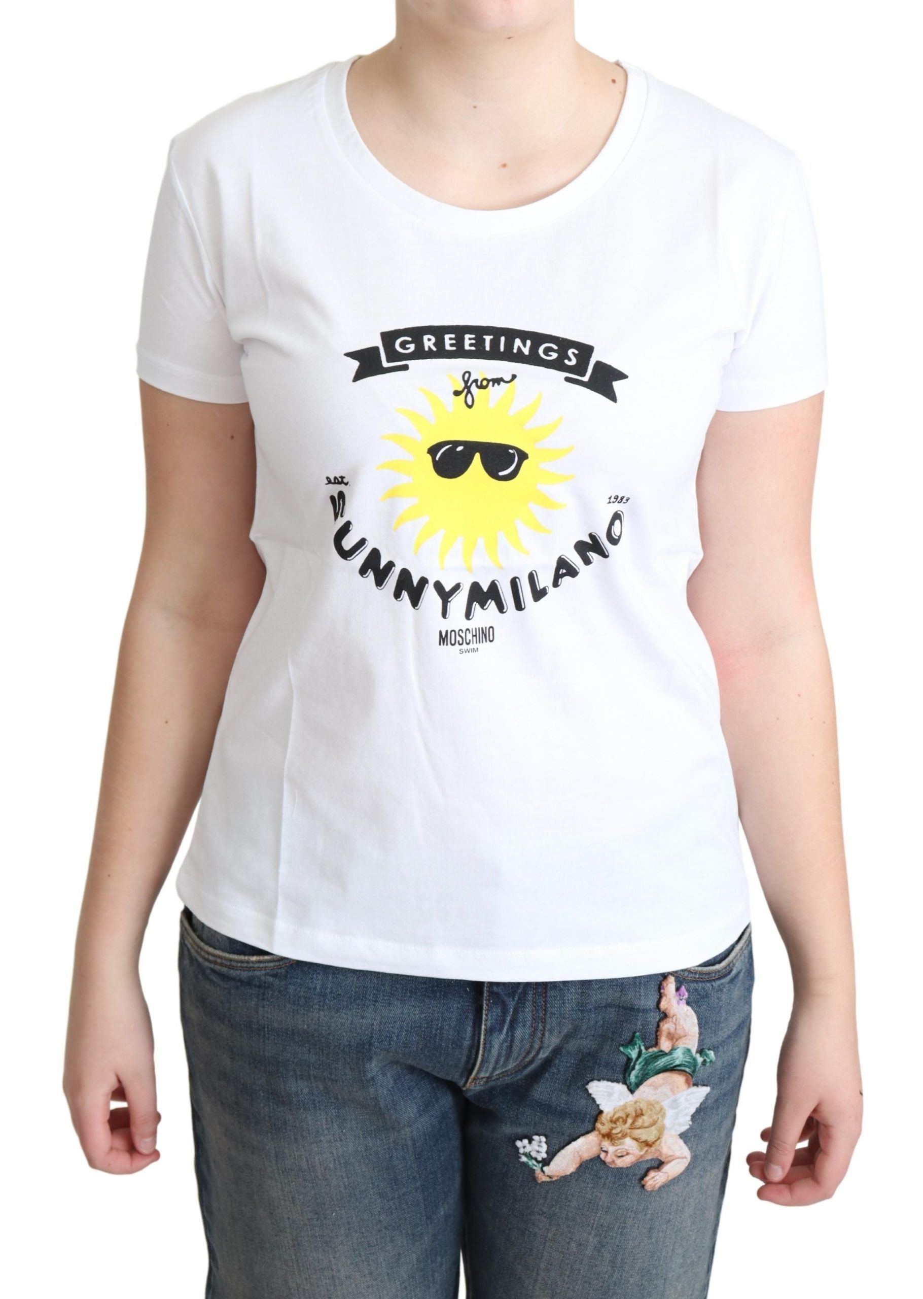 Бяла памучна тениска Moschino Sunny Milano с принт