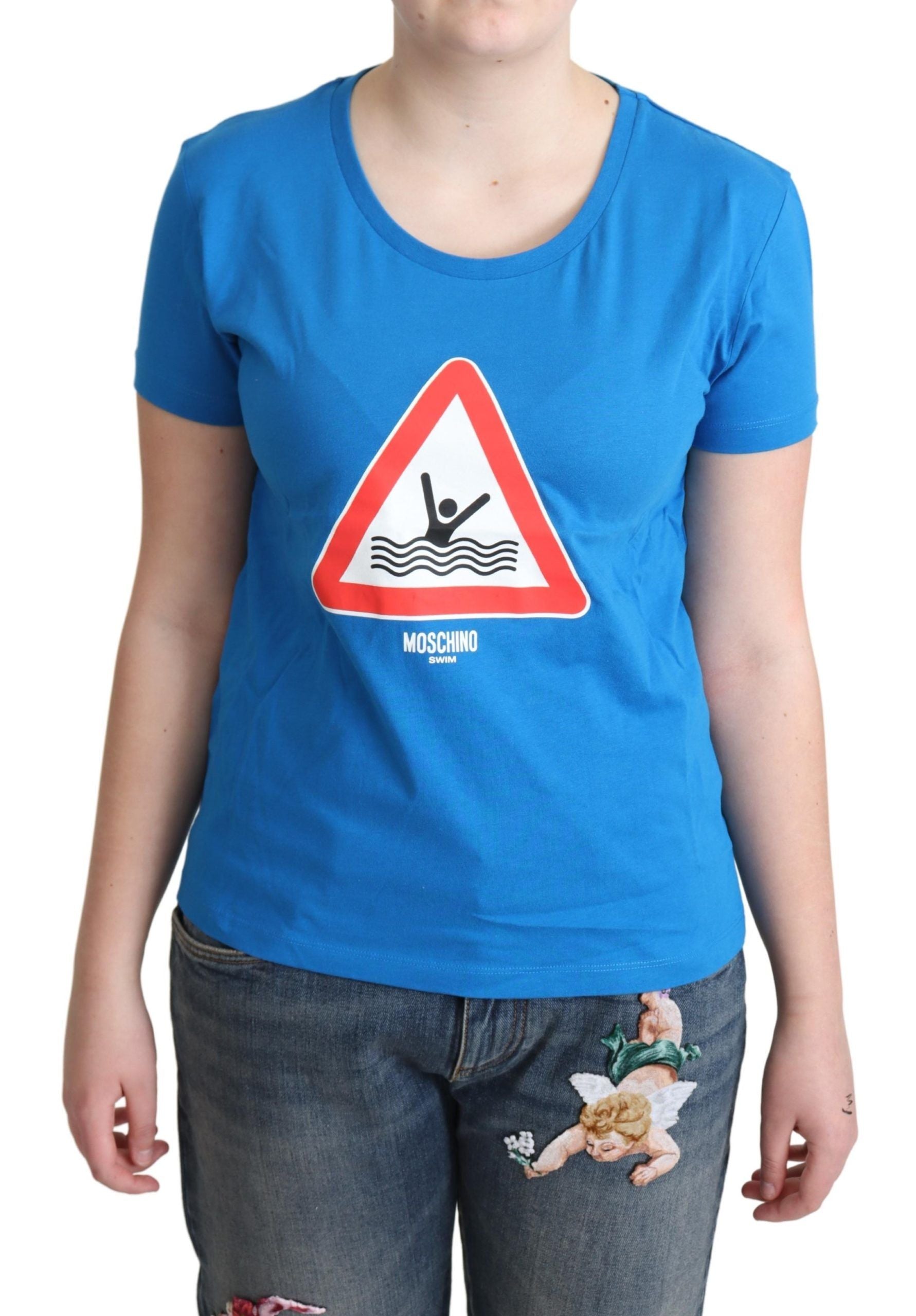 Синя памучна плувна тениска с графичен триъгълник Moschino