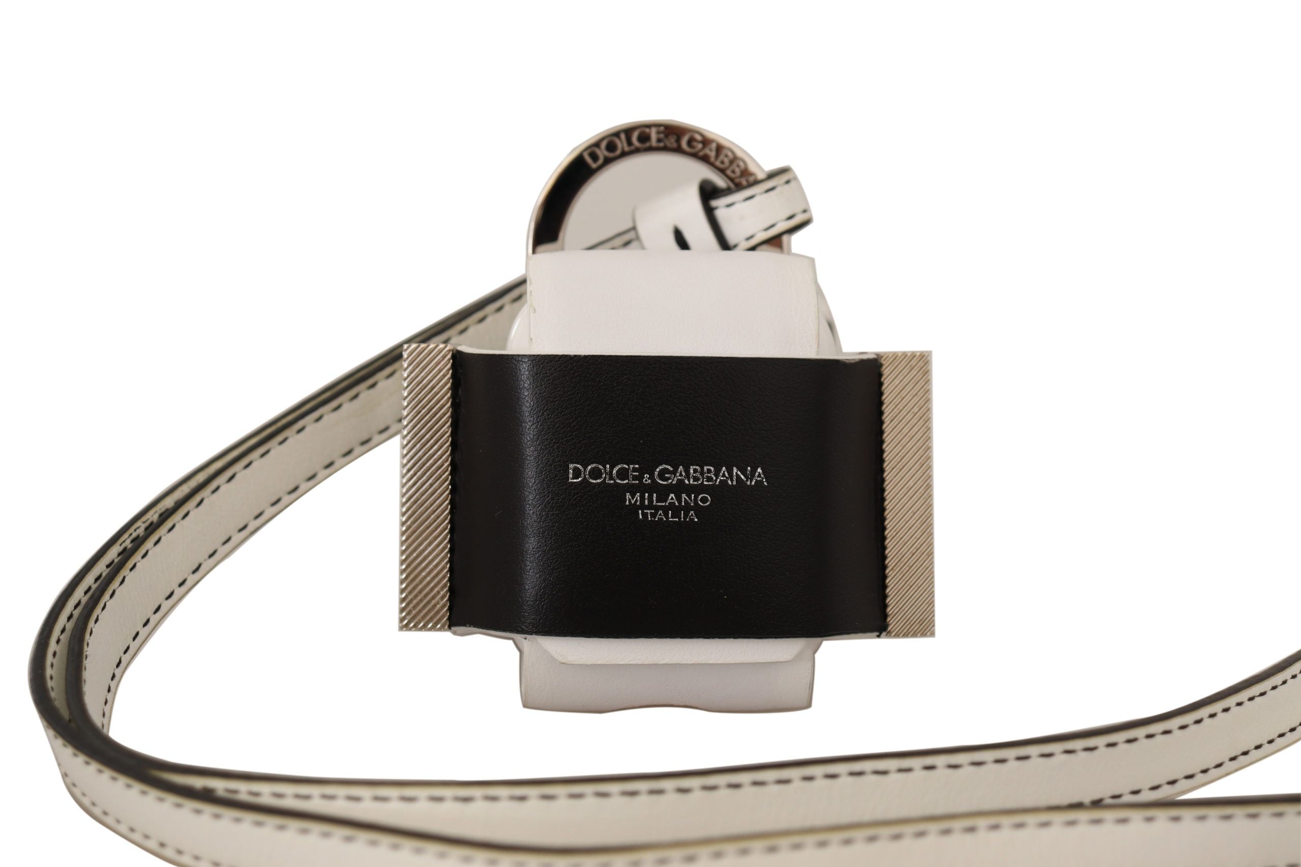 Dolce &amp; Gabbana бяла черна кожена каишка сребристо метално лого Airpods калъф