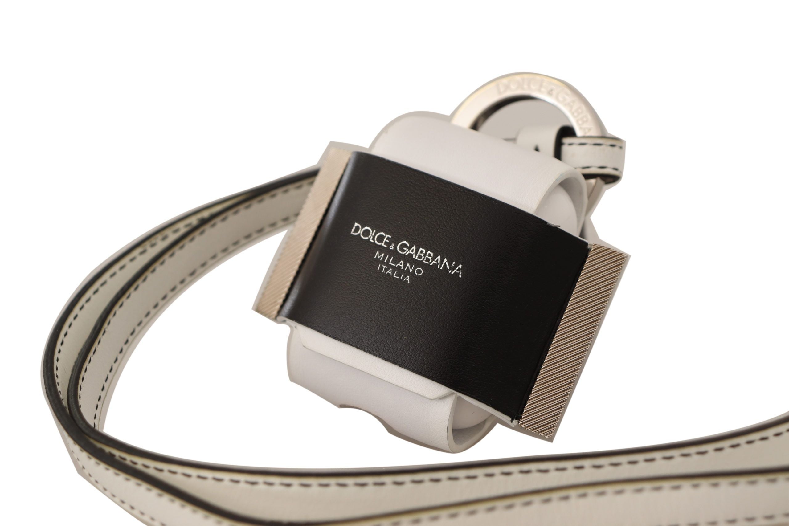 Dolce &amp; Gabbana бяла черна кожена каишка сребристо метално лого Airpods калъф