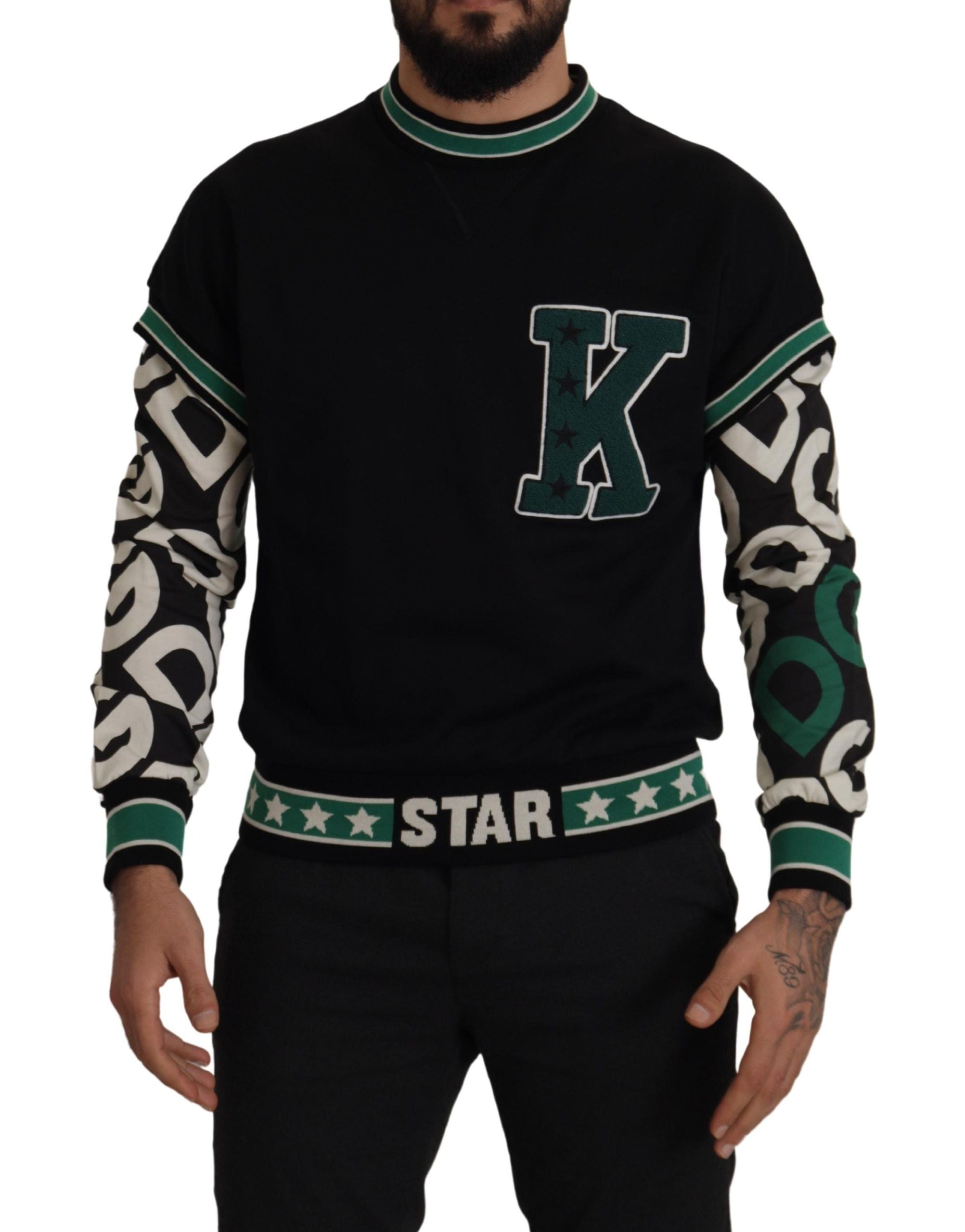 Dolce &amp; Gabbana черен зелен памук пуловер KING Star Crewneck Pulover