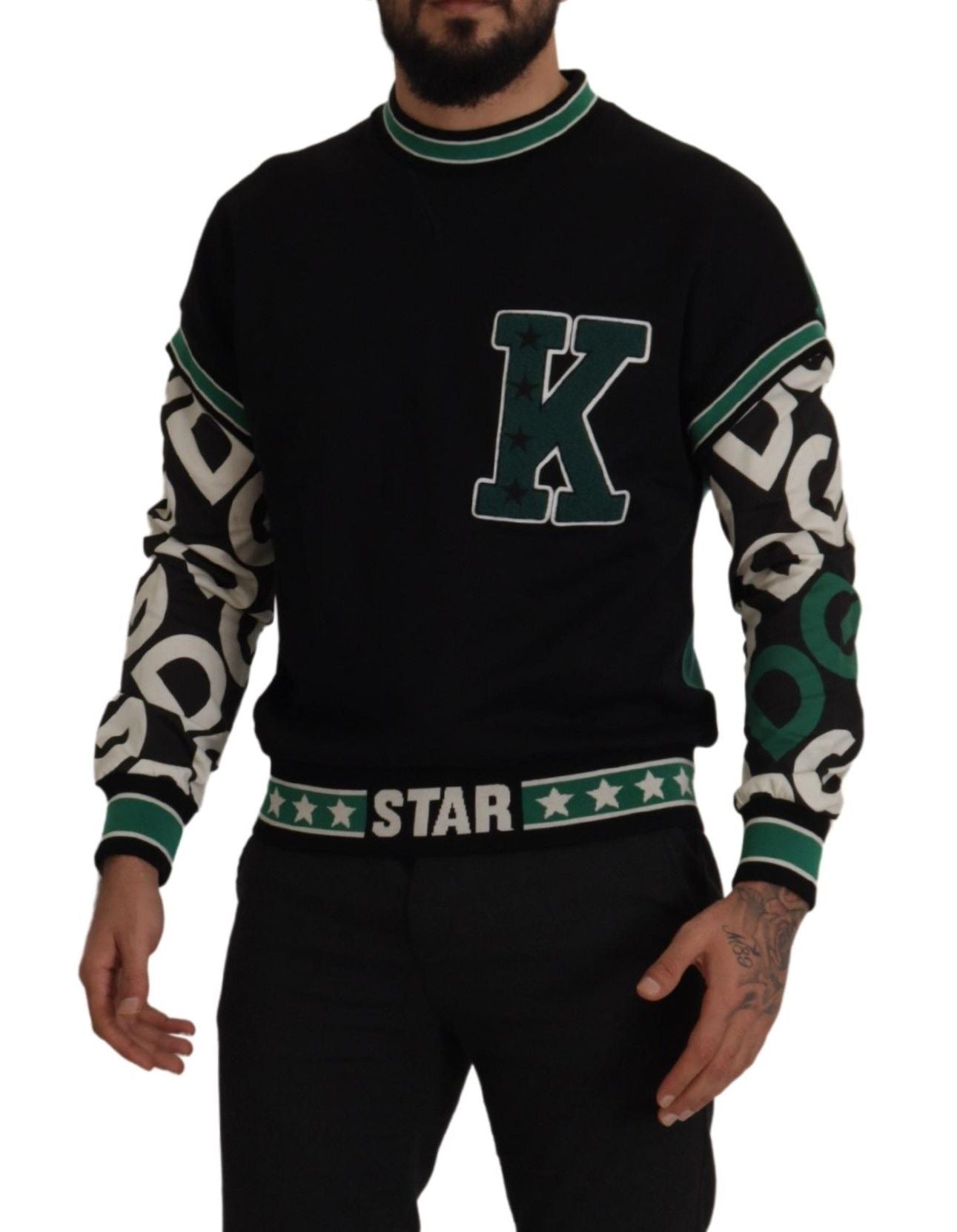 Dolce &amp; Gabbana черен зелен памук пуловер KING Star Crewneck Pulover