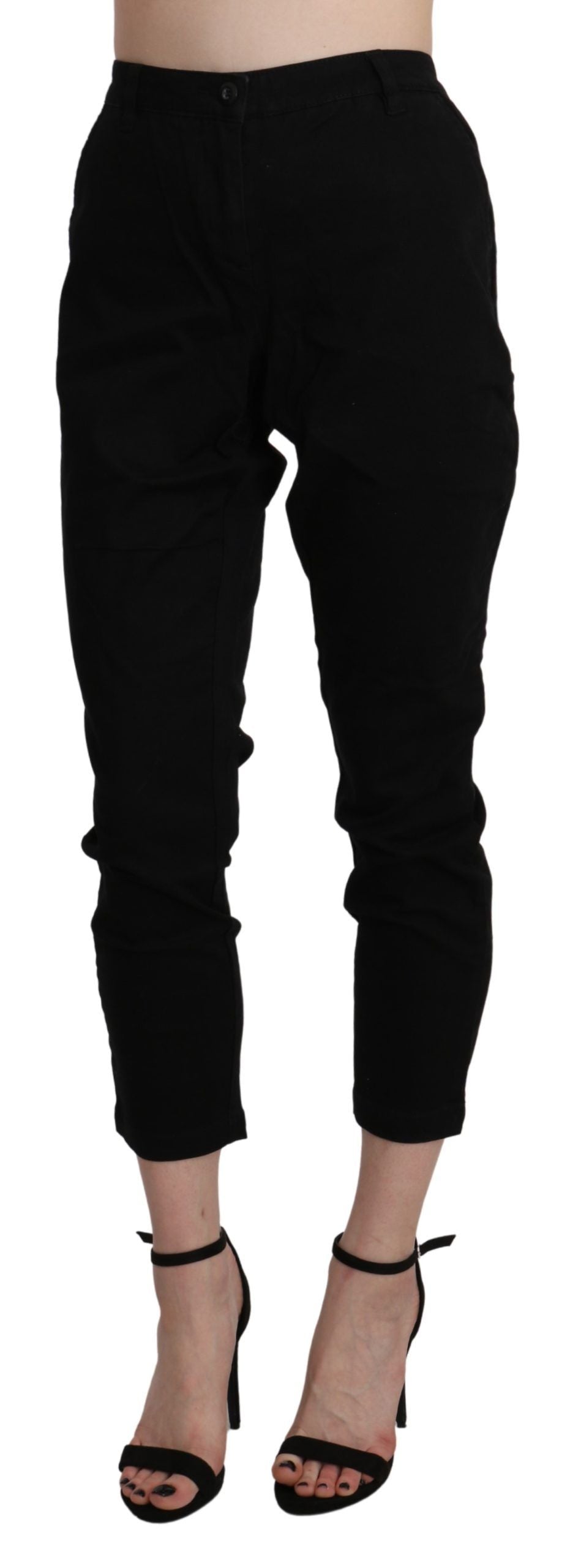 Черен кльощав скъсен памучен капри панталон с висока талия Acht