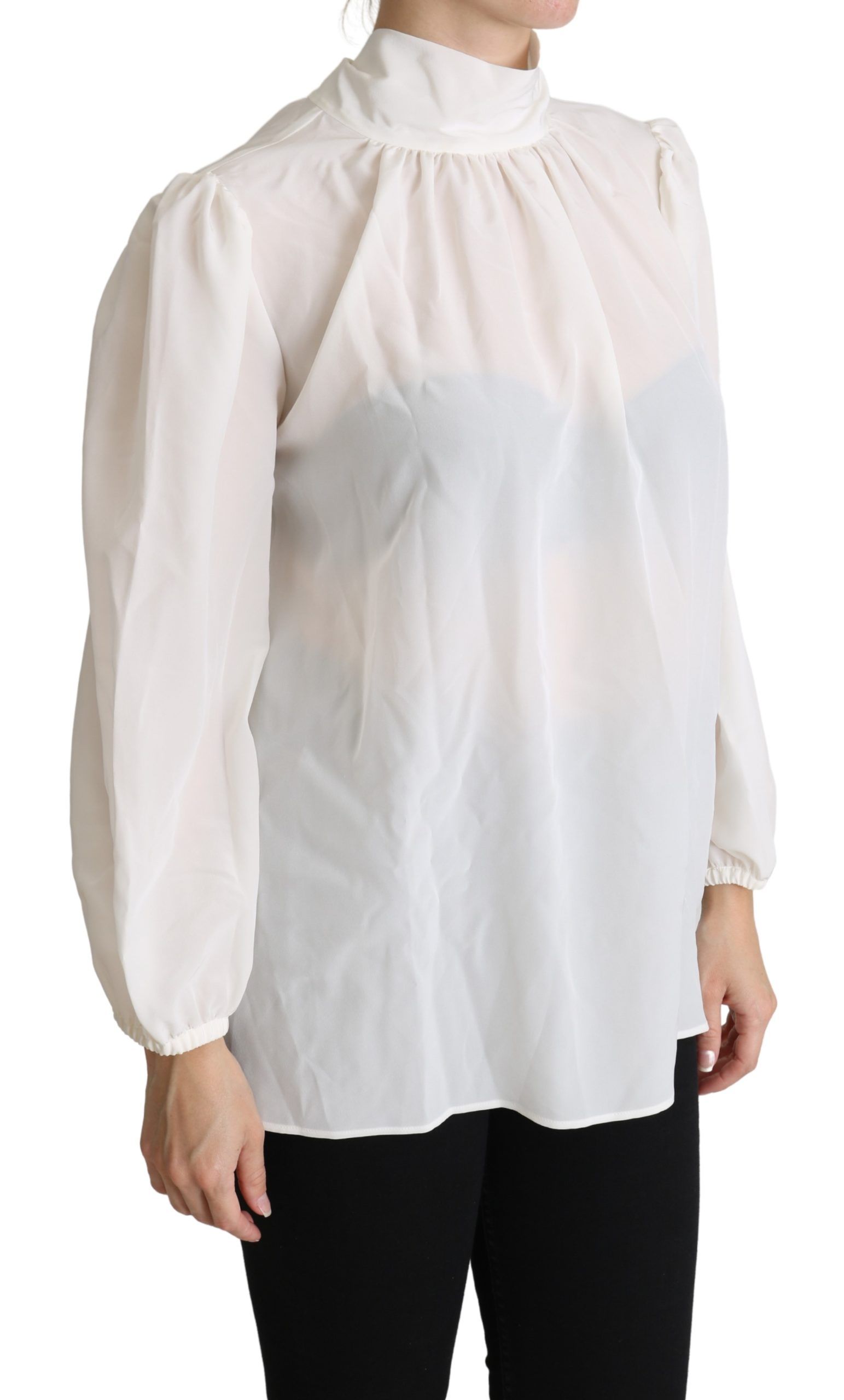 Dolce &amp; Gabbana Бяла копринена пуси блуза с дълги ръкави