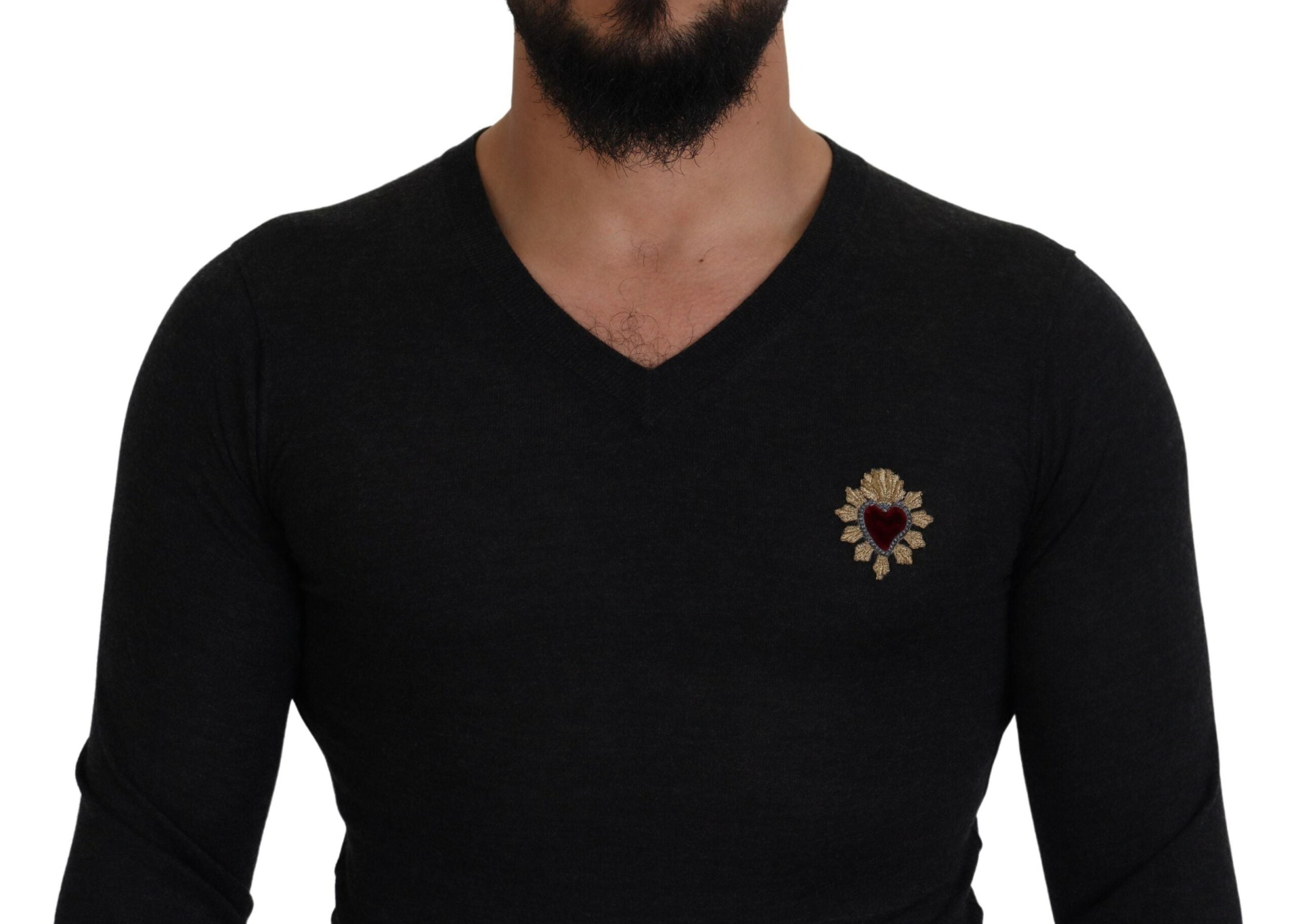 Dolce & Gabbana V-Neck Cashmere Sweater with Heart Embroidery