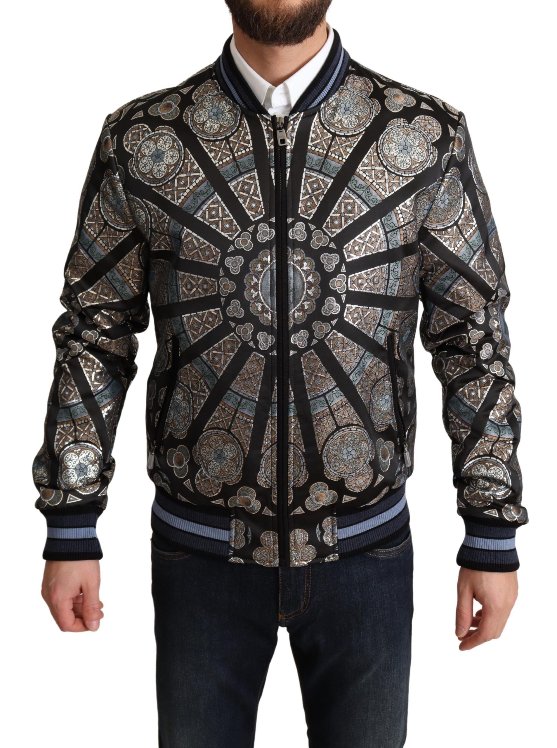 Dolce &amp; Gabbana Blue Jacquard Motive Bomber Coat Мъжко яке