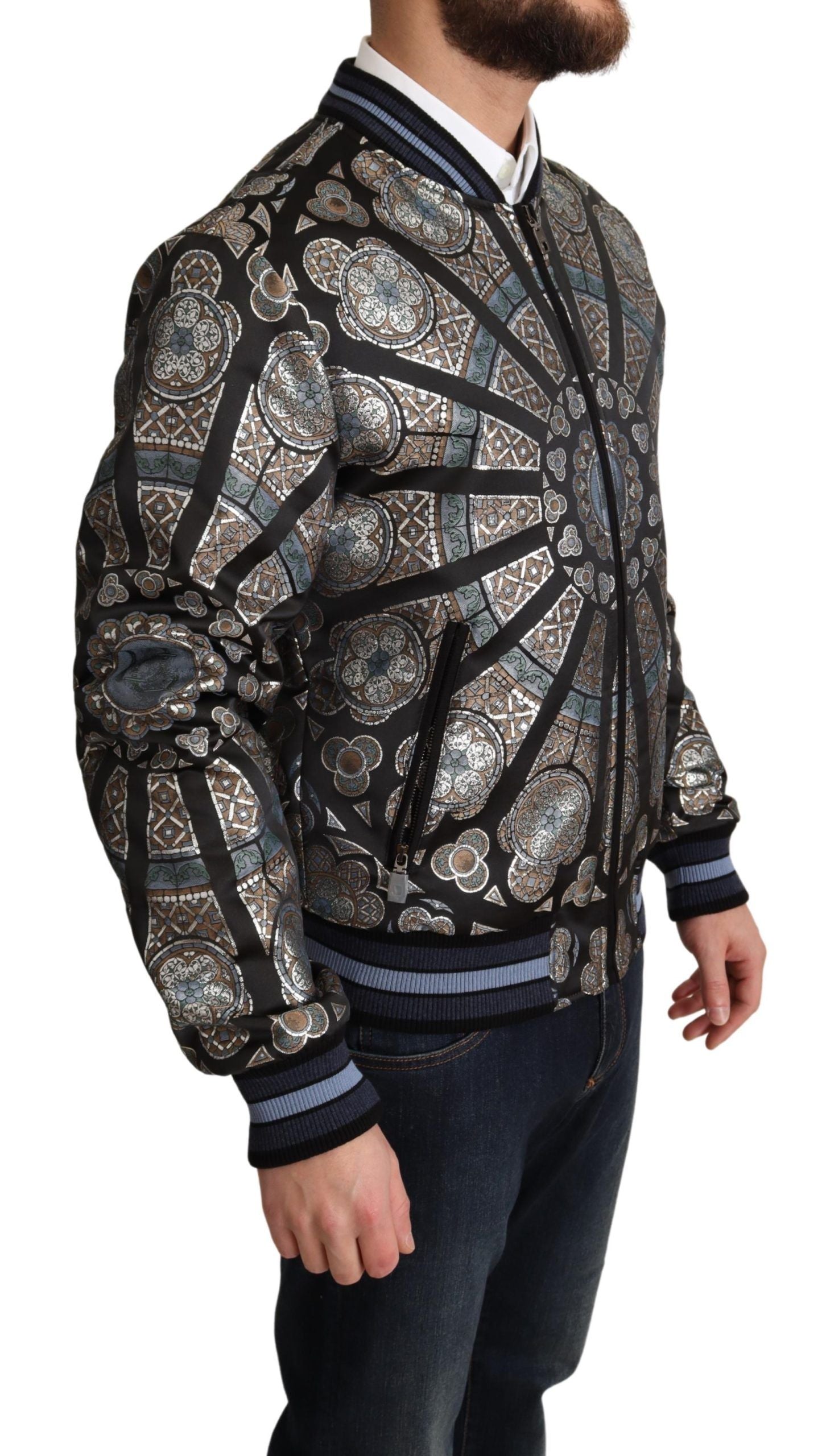 Dolce &amp; Gabbana Blue Jacquard Motive Bomber Coat Мъжко яке